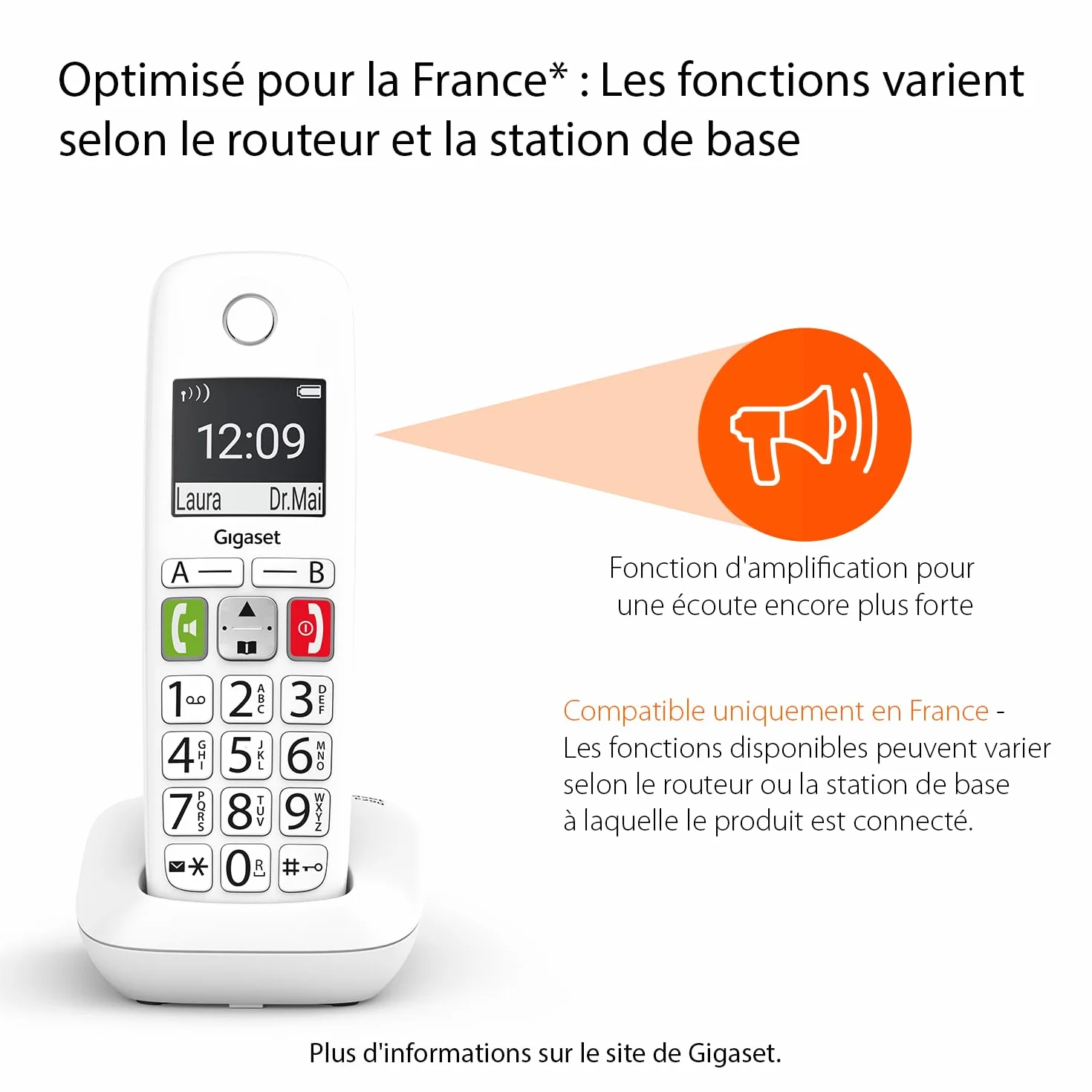 Gigaset E290 téléphone sans fil seniors larges touches amplification son fort blanc