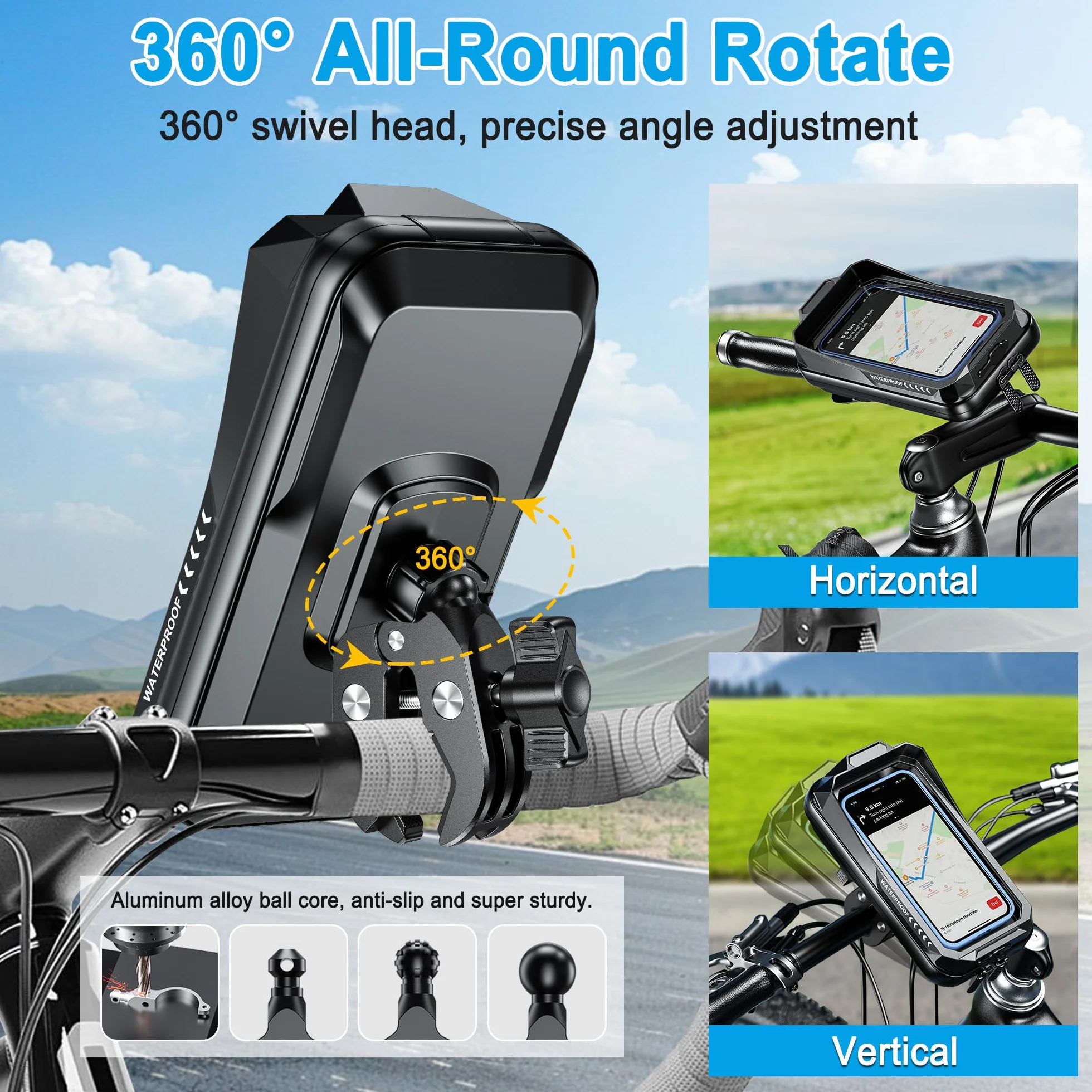 Support Téléphone Vélo Moto Universel 360° Rotation Porte Telephone Velo Guidon Etanche Support Telephone Trotinette Electrique Scooter avec Ecran Tactile pour Smartphones