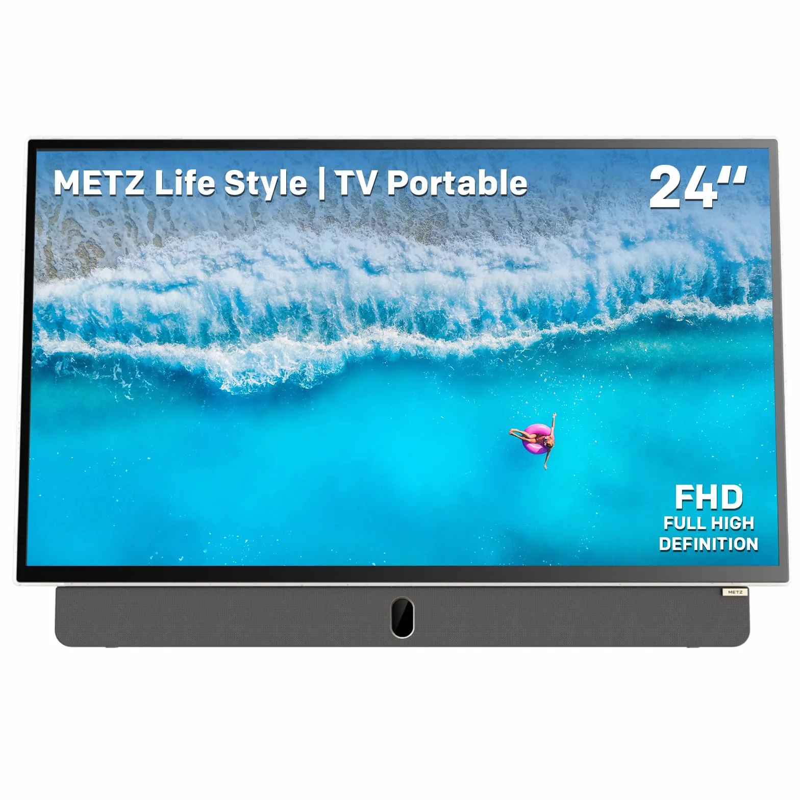 Metz TV Portable 24 Pouces (60 cm) Smart Google TV FHD avec Batterie Intégrée Poignée HDR 10 Chargeur Voiture 12V Ecran Anti-reflet Dolby Audio HDMI USB Bluetooth Wi-FI (24MPE7000 Blanc)