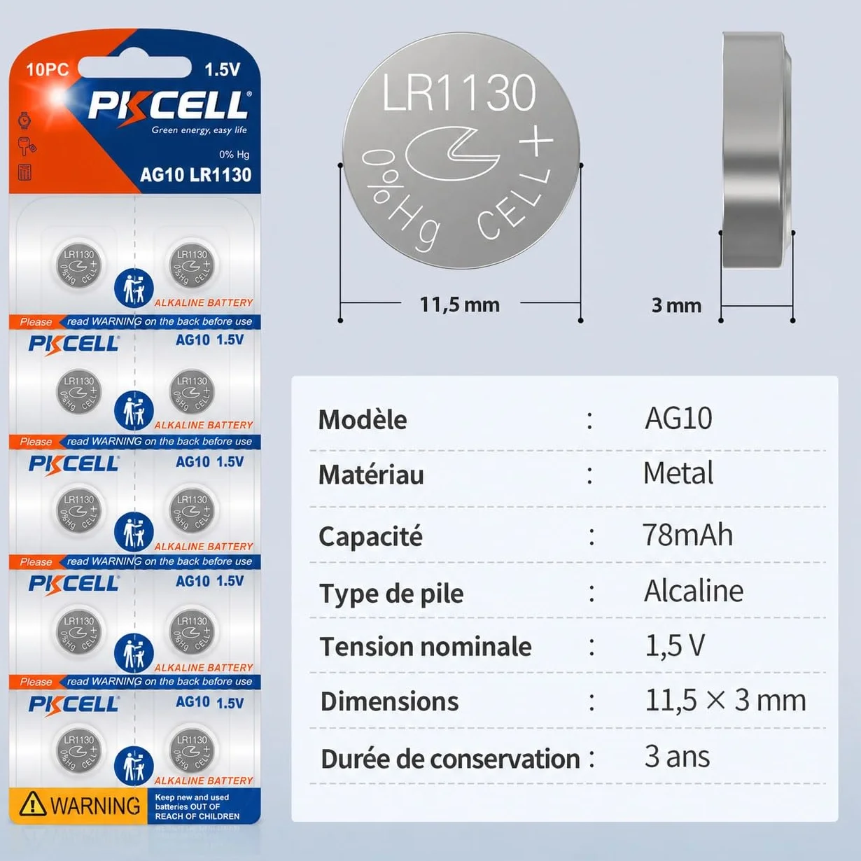 PKCELL LR1130 AG10 Piles Bouton alcaline Longue durée Lot de 20