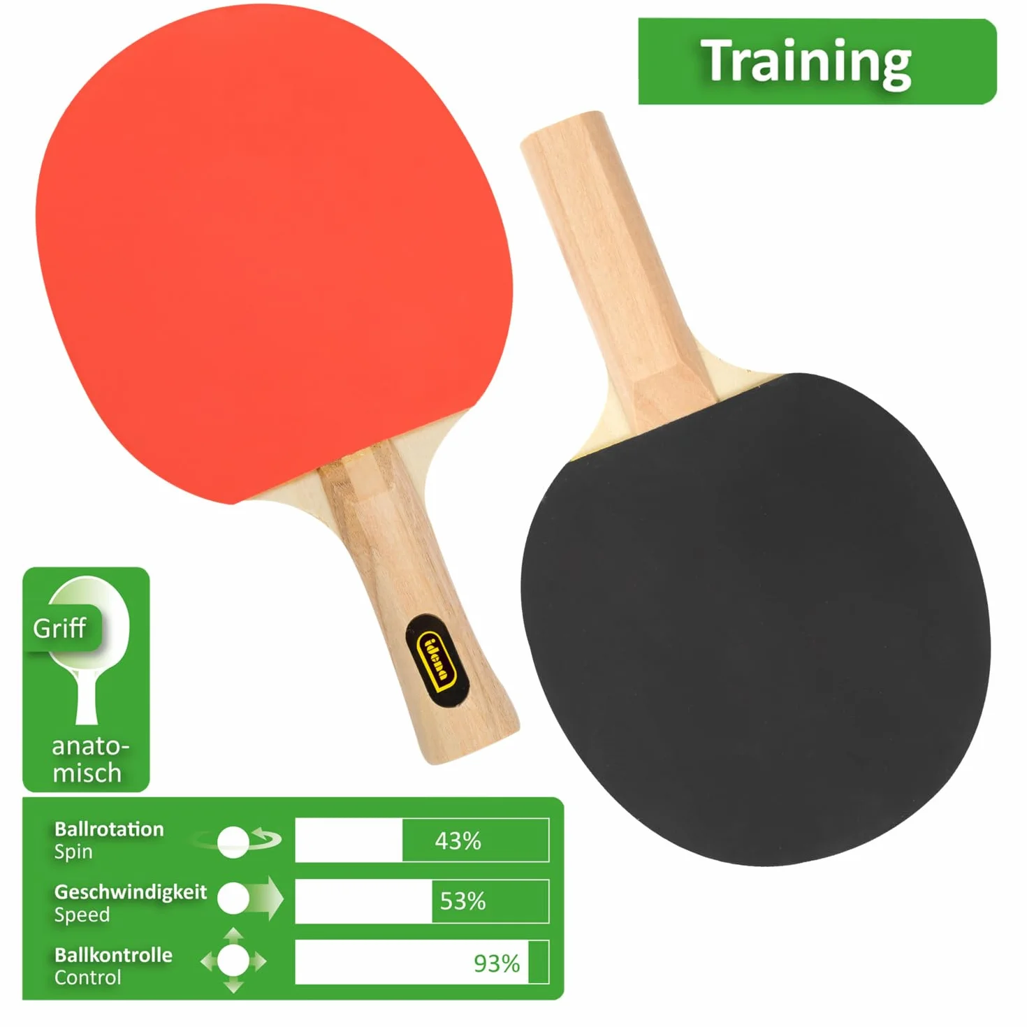 Idena Raquette de Ping-Pong Training Manche Bois Caoutchouc Rouge Noir Débutants