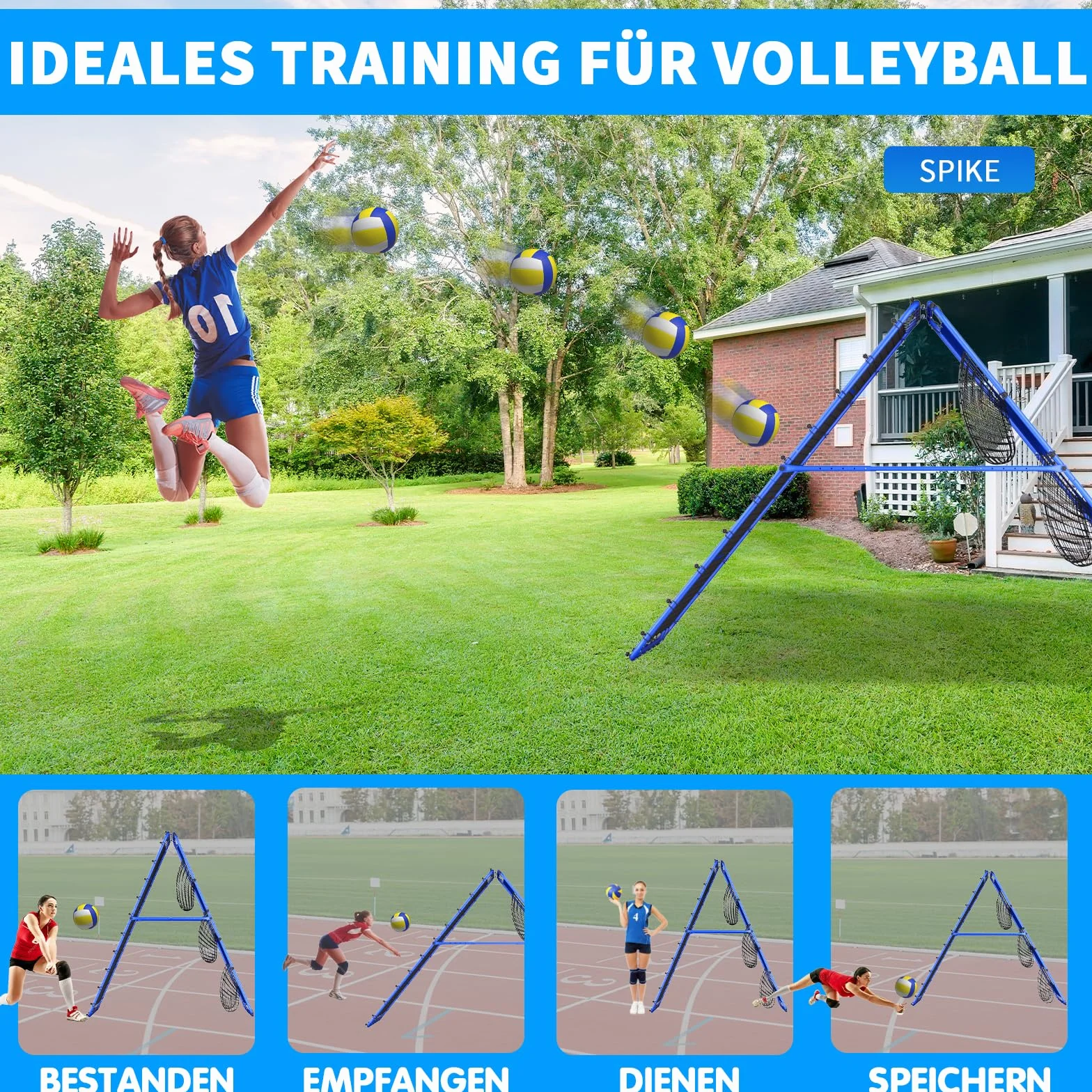 Filet de rebond volleyball 2,1 x 1,2 m réglable multi-angle avec piquets métalliques solides
