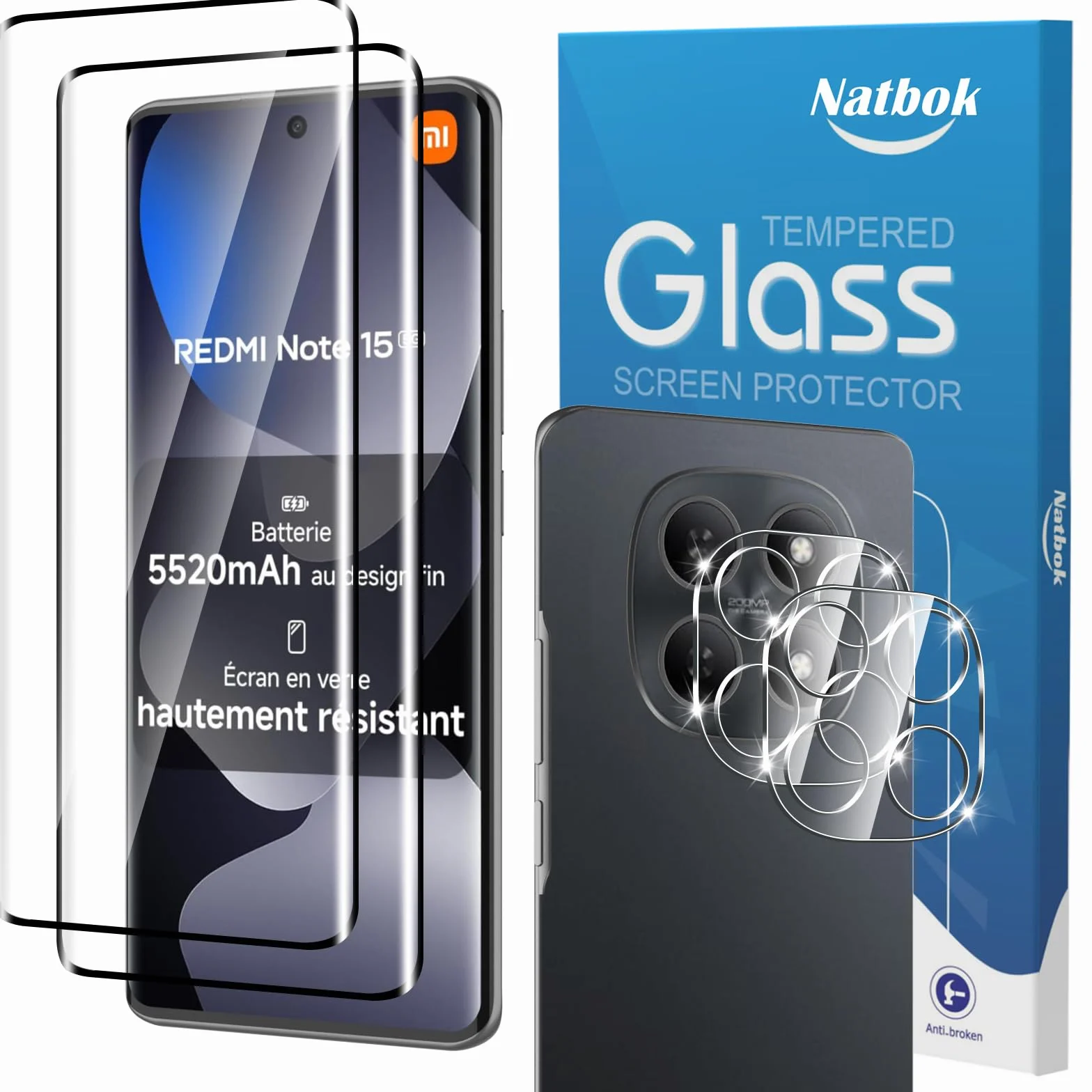 3D Verre Trempé pour Xiaomi Redmi Note 15 5G, 2+2 Pièces Protection d'écran avec Caméra Arrière Protecteur Sans Bulles Anti-Rayures HD Transparent Facile à Installer