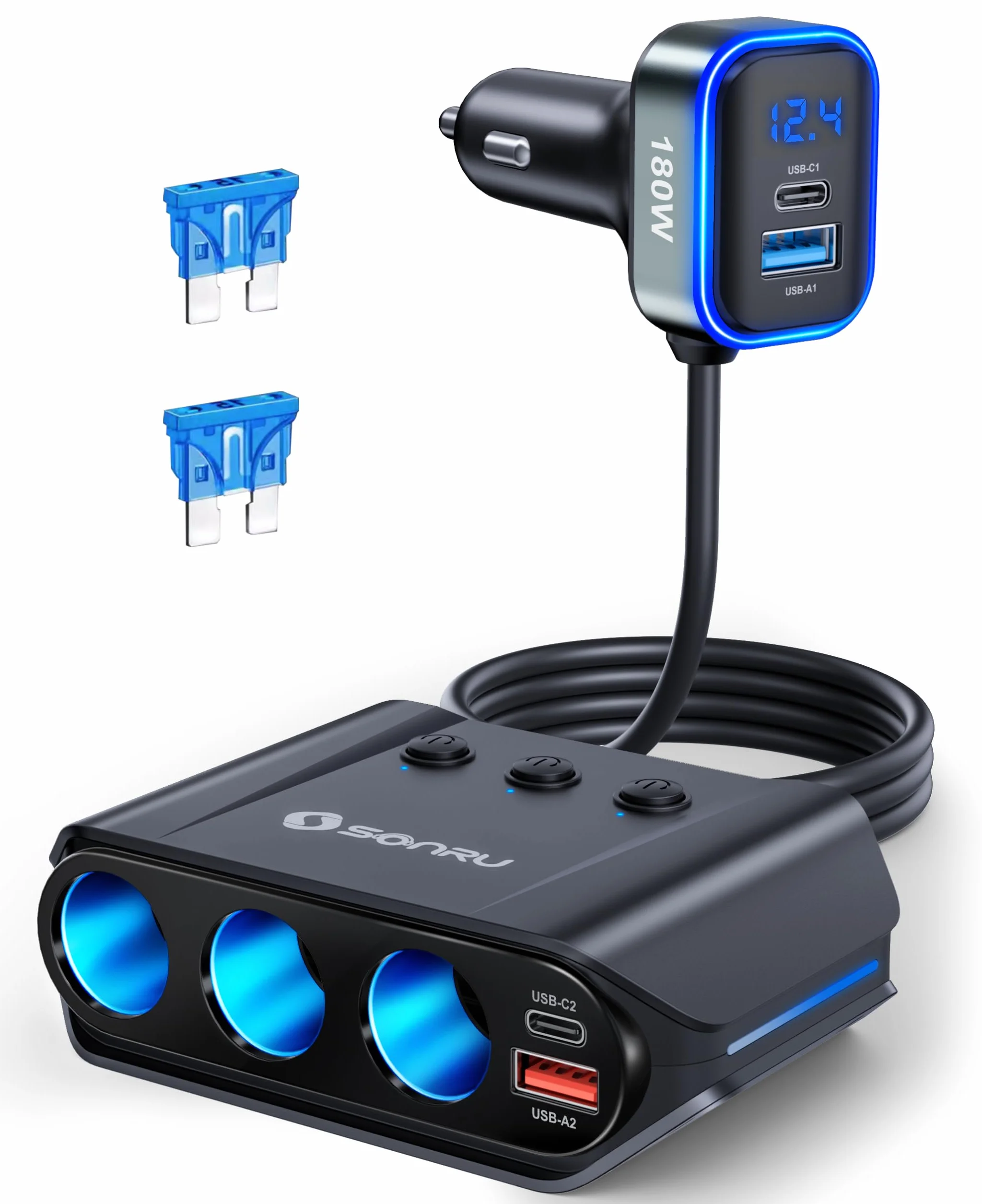 SONRU 7-en-1 Multi Prise Chargeur Allume Cigare, 180W【Dual PD & Quick Charge 3.0】 12V/24V Chargeur Voiture USB, Charge Rapide Chargeur, Affichage du Tension par LED pour Tablette/Phone/GPS