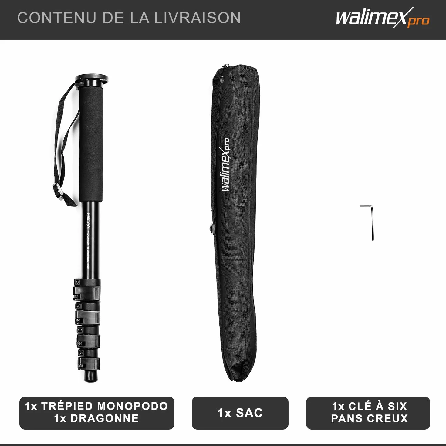 Walimex Monopied en aluminium FT-1502 (hauteur max. 177 cm, incl. dragonne et sac de transport)