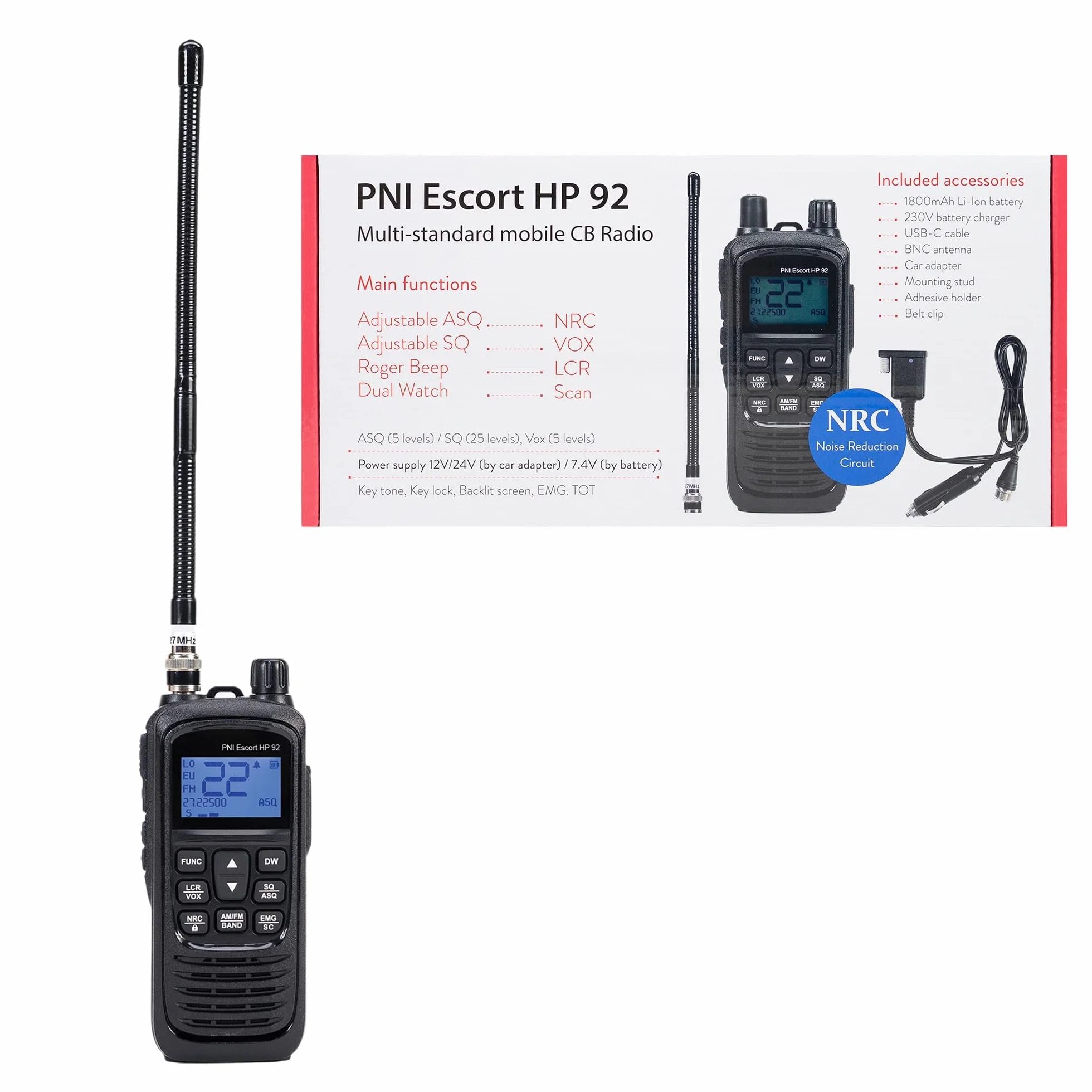 PNI Escort HP 92 CB Radio Portable 4W AM-FM Multistandard 12V-24V