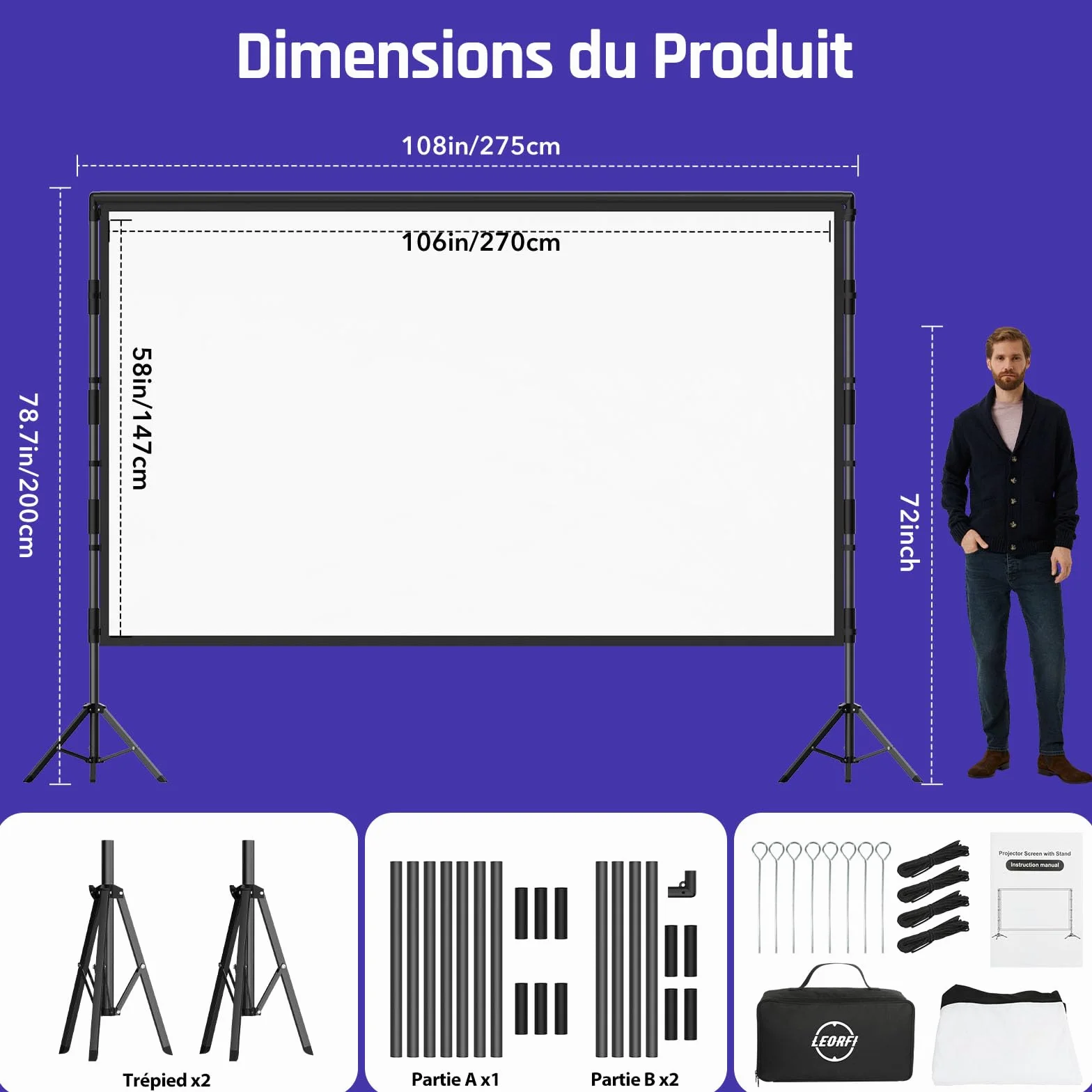 LEORFI Écran de Projection Portable 120 Pouces HD 4K 16:9 avec Trépied