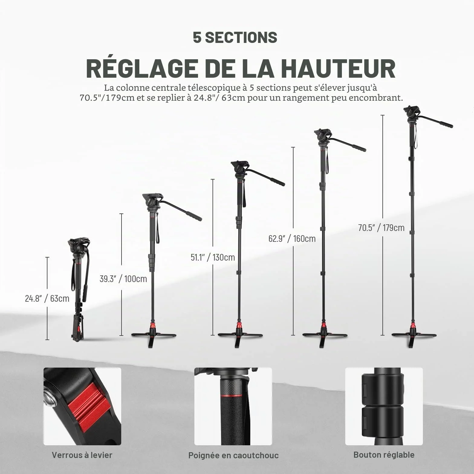 NEEWER GM76 Monopode professionnel pour appareil photo avec pieds, télescopique, portable, en aluminium, tête fluide, inclinable, pied amovible, pour appareil photo reflex numérique, charge maximale 6