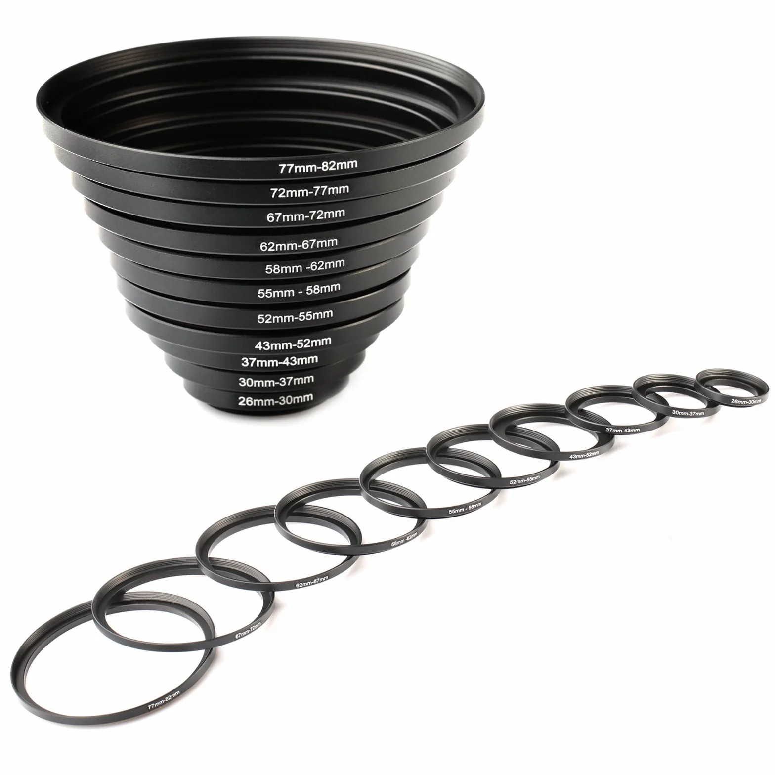 K&F CONCEPT 11pcs Stepping Rings Bagues d'Adaptation Filtre Adaptateur en Métal 26-30MM,30-37MM,37-43MM,43-52MM,52-55MM,55-58MM,58-62MM, 62-67MM,67-72MM,72-77MM,77-82MM