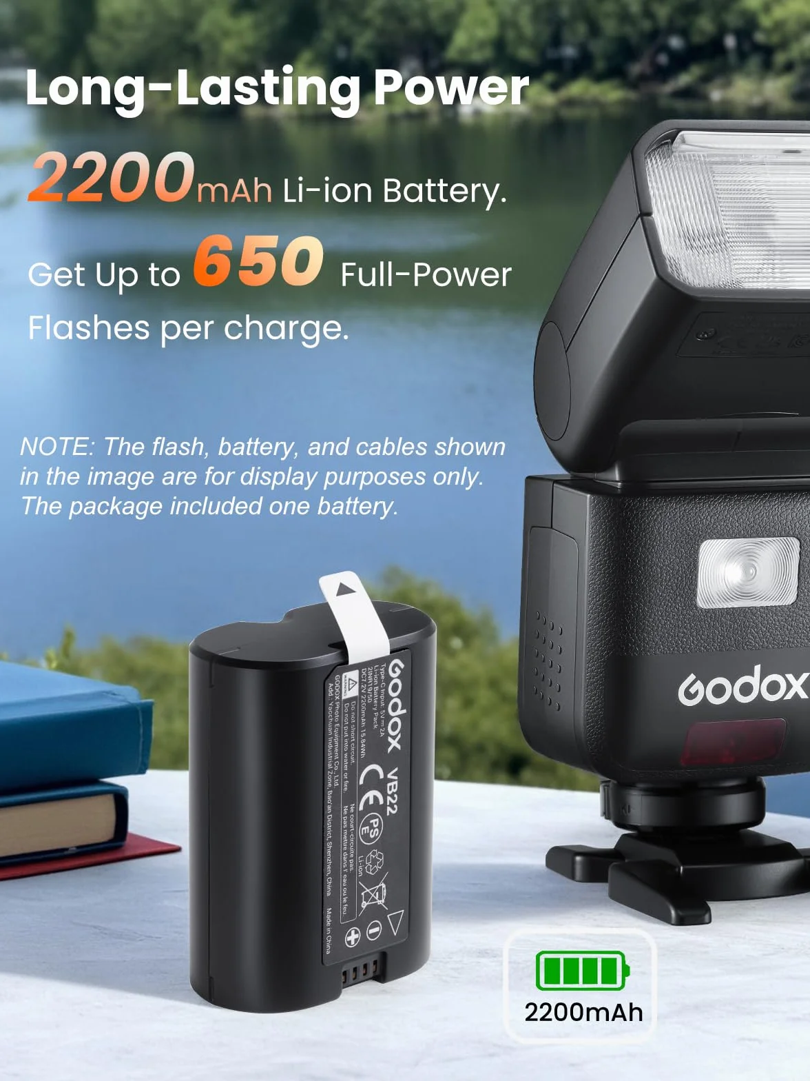 GODOX VB22 Batterie au Lithium pour Godox V480 V1MID V350 Flash, par Exemple V480S V480C V480N V480F V1Mid-N V1Mid-S V1Mid-C V1Mid-F V1Mid-O, 7,2V 2200mAh Batterie Rechargeable, Recharge Via USB-C