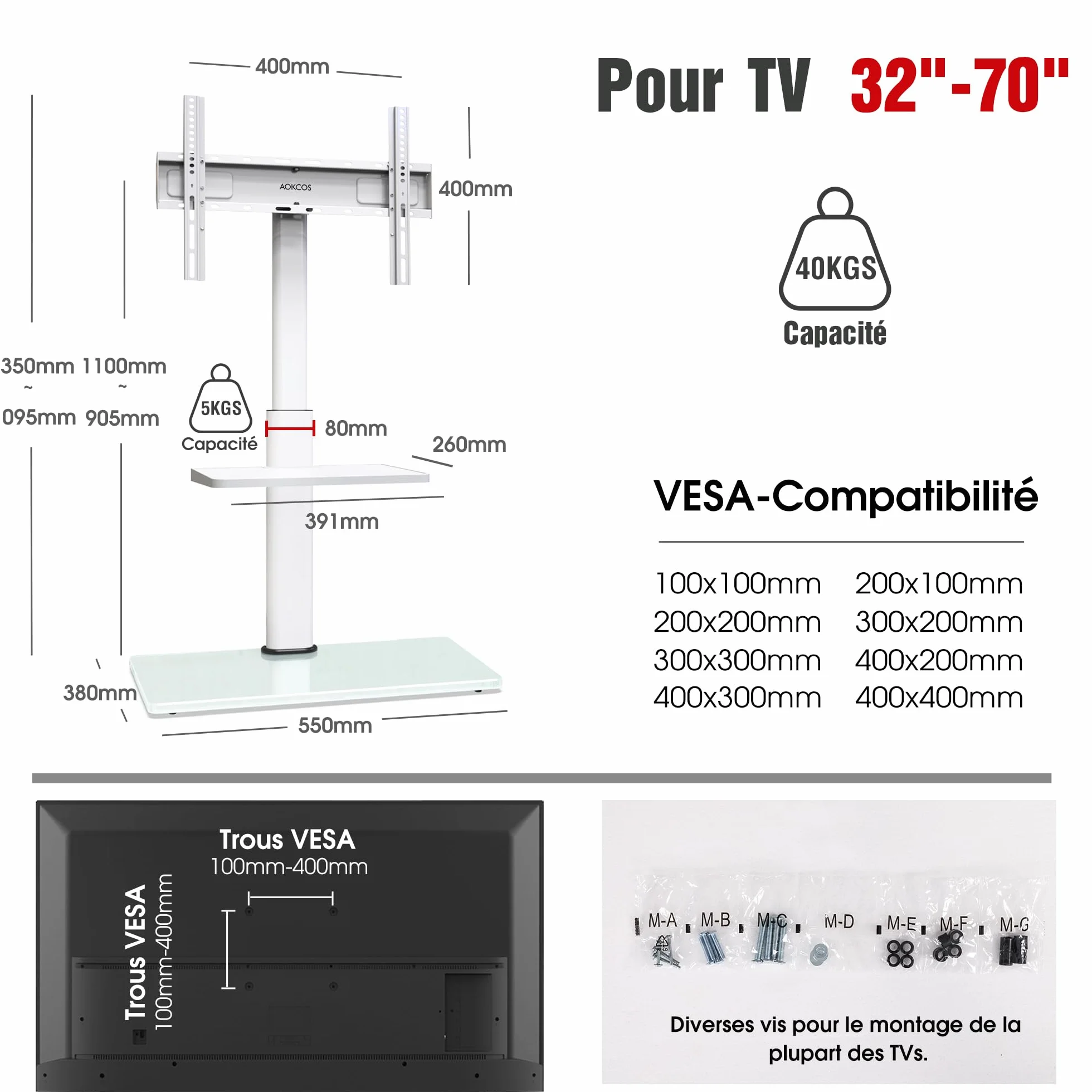AOKCOS Support TV sur Pied pour TV de 32-70 Pouces,Pied TV avec Étagère Réglable en Hauteur Pivotant 60° et Inclinable 12°,Max. VESA 400x400 mm Max. Capacité 40 KG
