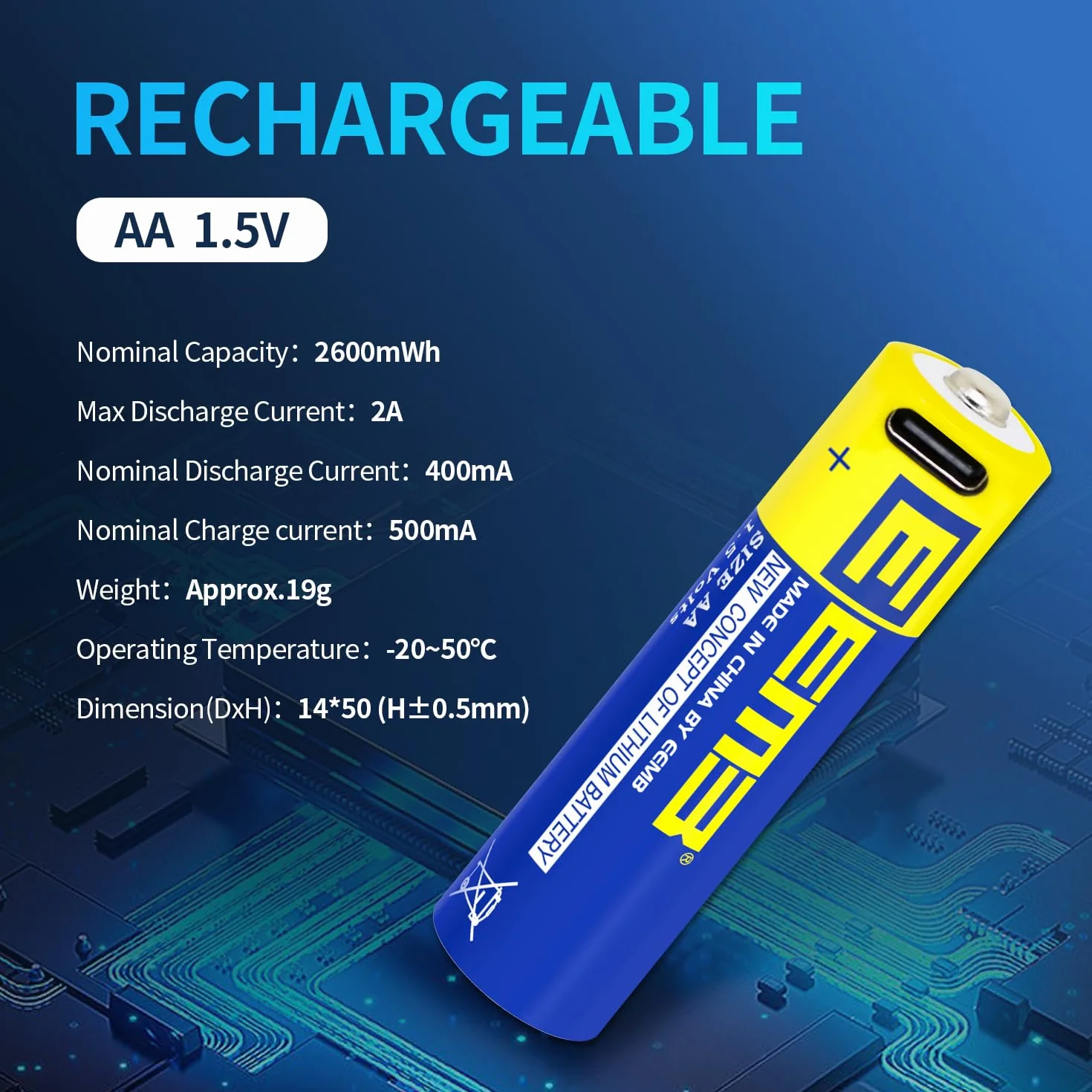 EEMB Piles AA Pack de 12 Piles AA Rechargeables Piles au Lithium AA USB Type C Câble de Recharge Batterie de Remplacement 1.5V 2600mWh pour Flash de Caméra Clignotant