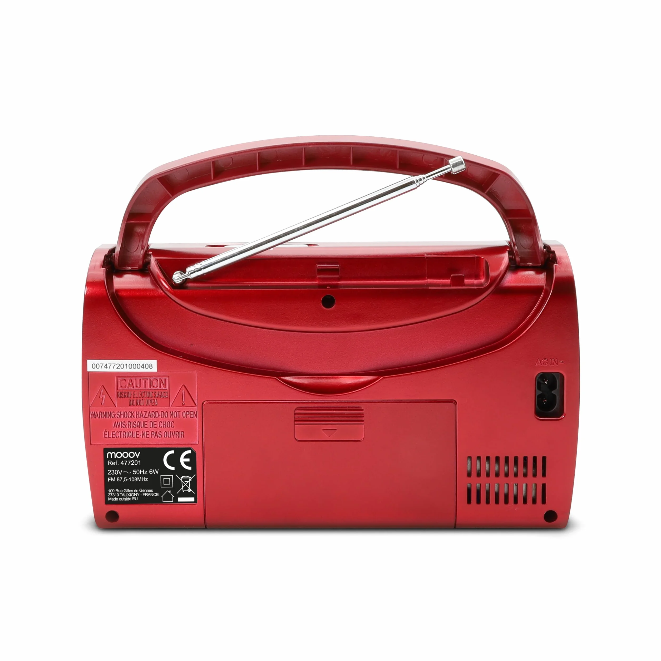 MOOOV 477201 Radio Portable à Pile FM/AM, Tuner Affichage Digital, Poste avec Poignée de Transport Rabattable, Facile d'Utilisation, Fonction Heure & Alarme, Secteur ou Piles - Rouge