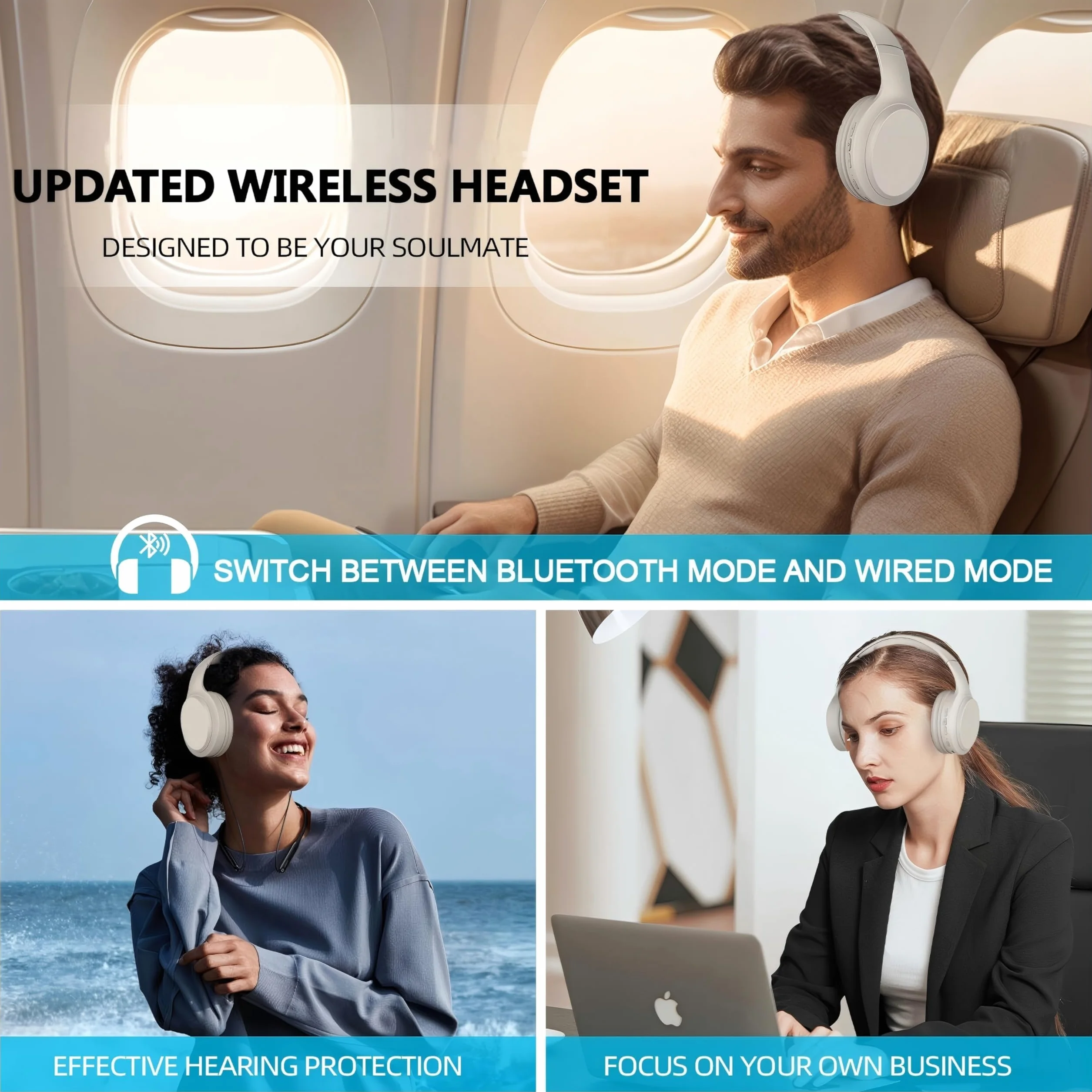 5.3 Casque sans fil Bluetooth avec microphone intégré, autonomie de 82 heures, prise en charge de l'audio haute résolution, coussinets confortables, pliables et respirants, compatible avec les télépho