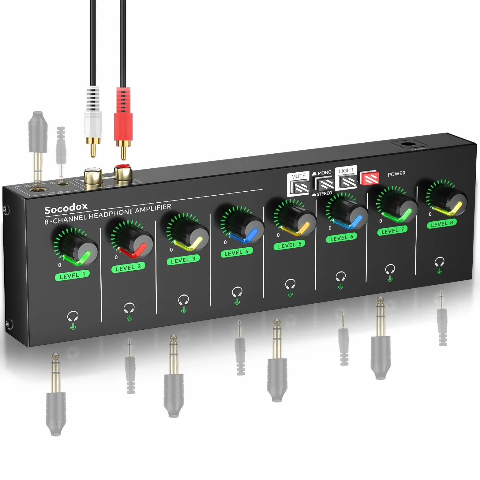 Amplificateur de Casque à 4 canaux avec Prises RCA 3,5 mm/6,35 mm, mélangeur Compact en métal avec 8 Ports de Sortie pour Casque, Interrupteur stéréo, Fonction muet, lumière RVB (8 canaux)