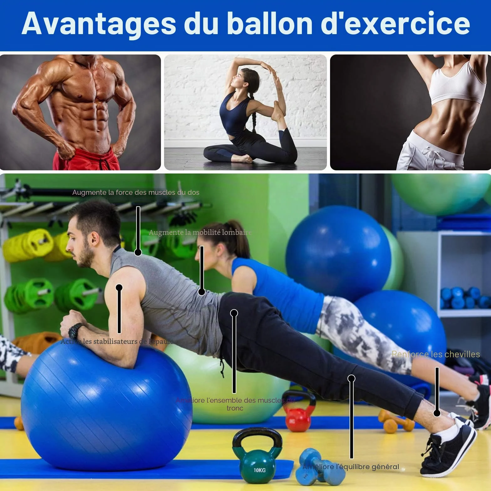 Flintronic Ballon Fitness Anti-Explosif Ultra-Épais avec Pompe Pied, Balle de Yoga 65/55cm