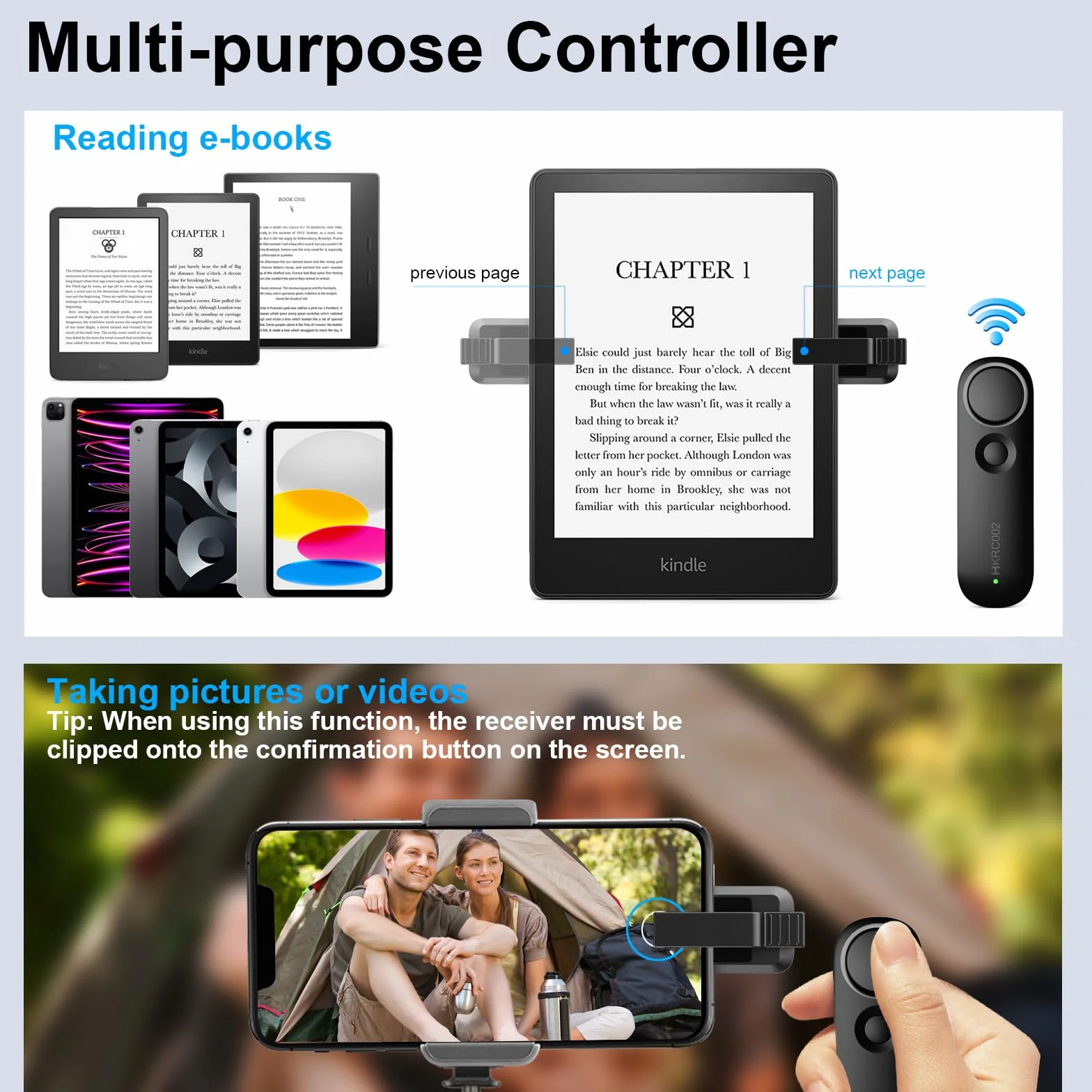 Télécommande Tourne Page Commande pour la Lecture Kindle Paperwhite Oasis Scribe eReaders, Accessoires pour la Kindles, Tourneur de Pages E-Reader de iPad iPhone Tablettes, Noir