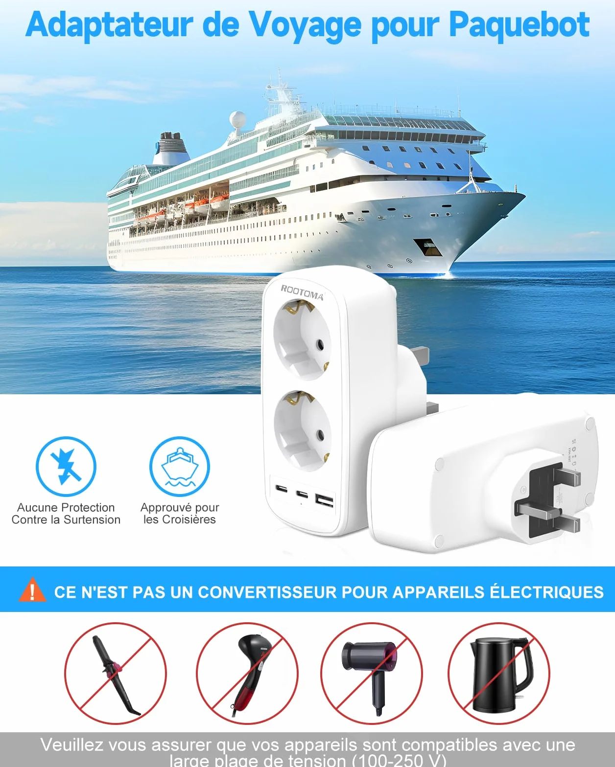 Prise Adaptateur Type G Double Prise avec 3 USB pour Angleterre, Irlande, Dubai, Maldives