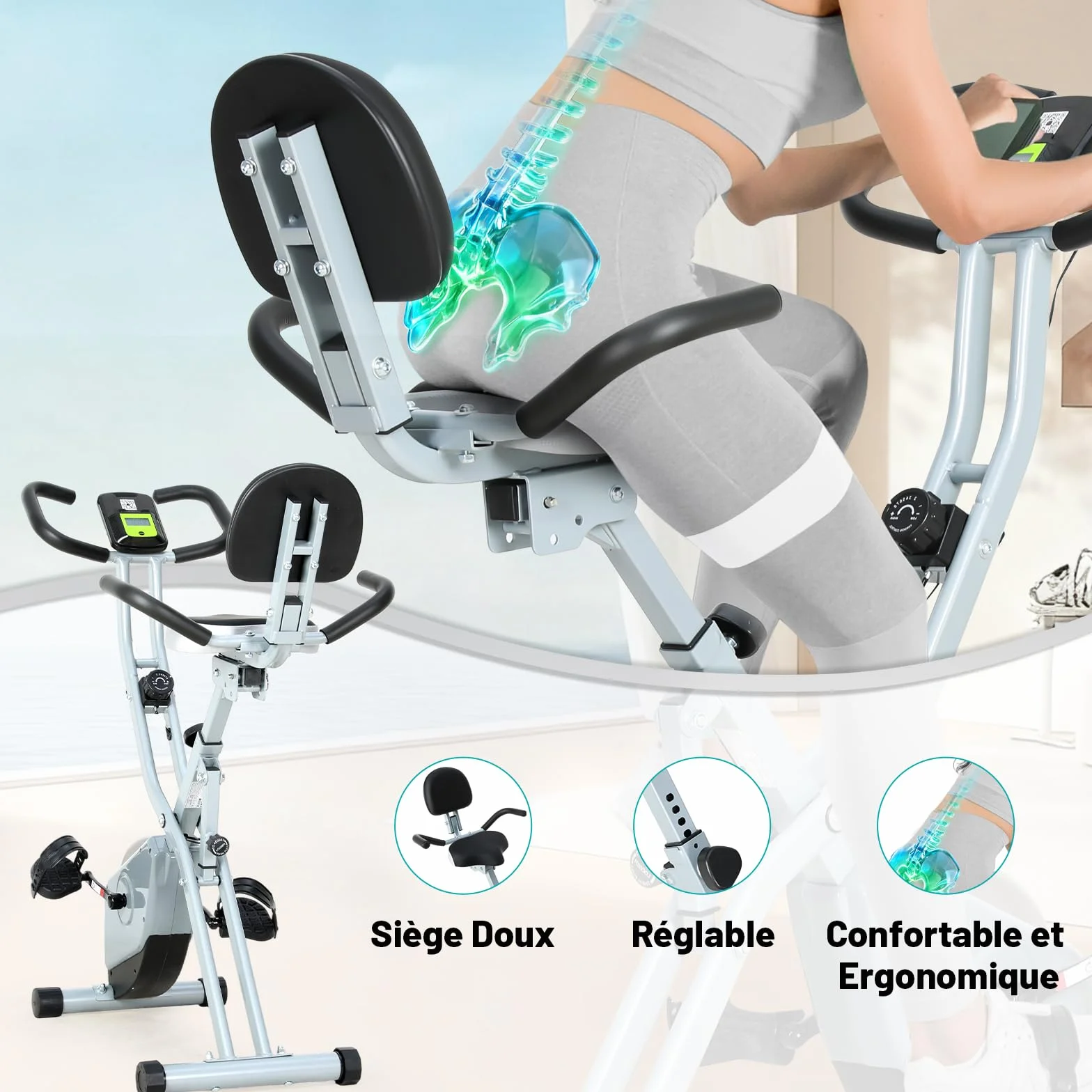 ISE 2-IN-1 Vélo d'Appartement Pliable, Cardio Training 8 Niveaux Résistance Magnétique, Bluetooth