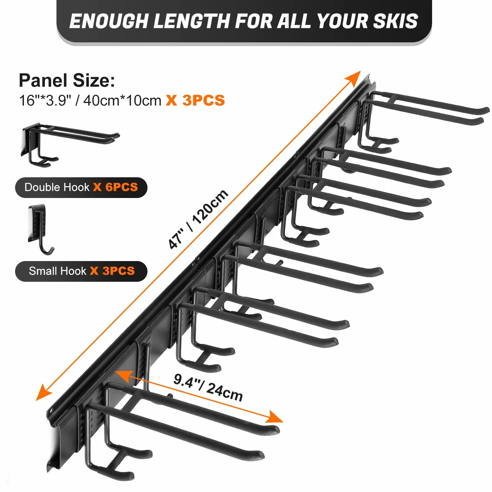 Odoland Kit de Support de Rangement à Skis pour 6-4 Paires Snowboards, Crochets, Sangles Velcro, Jusqu'à 300 LBS