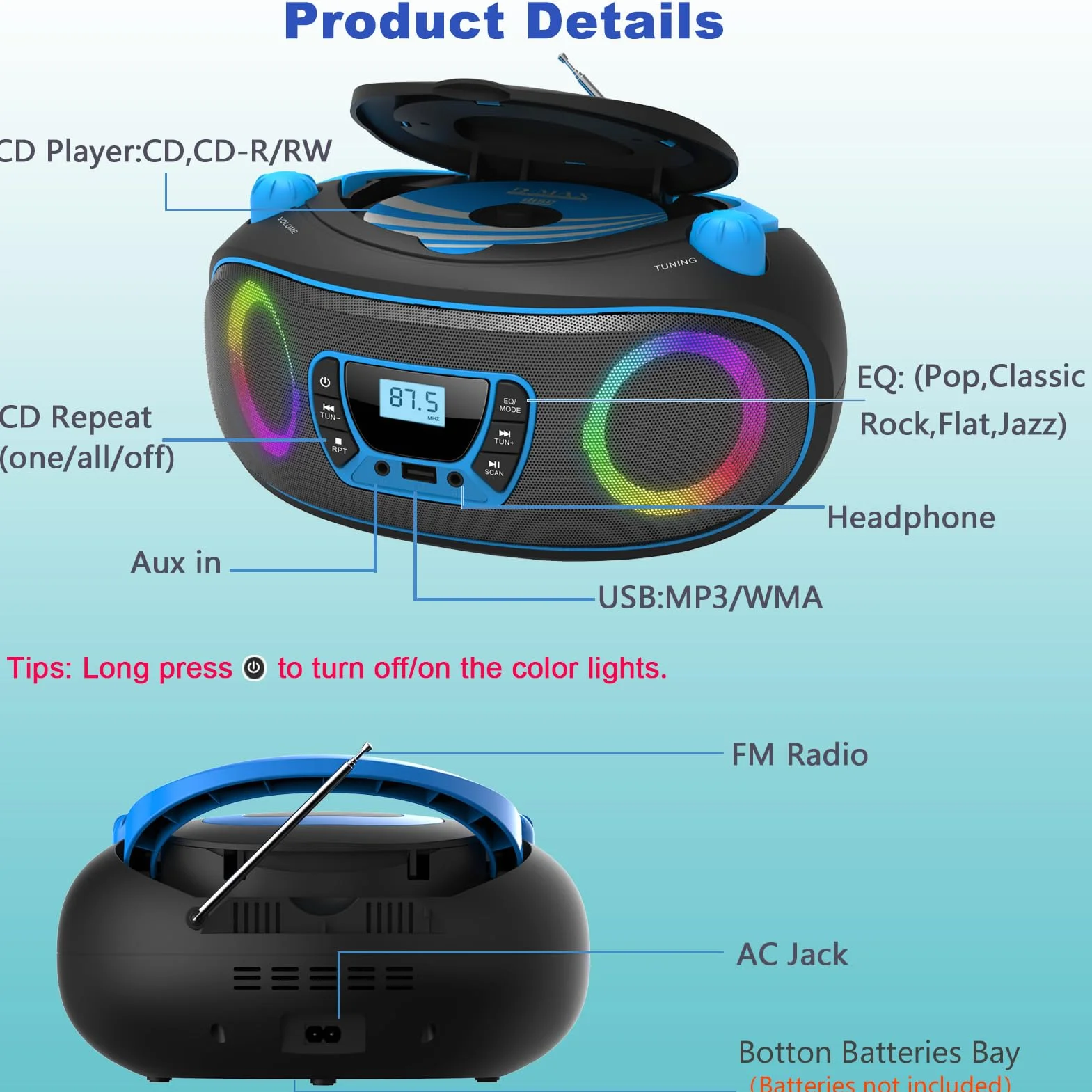 Lecteur CD stéréo Portable Boombox Bluetooth Radio FM USB AUX