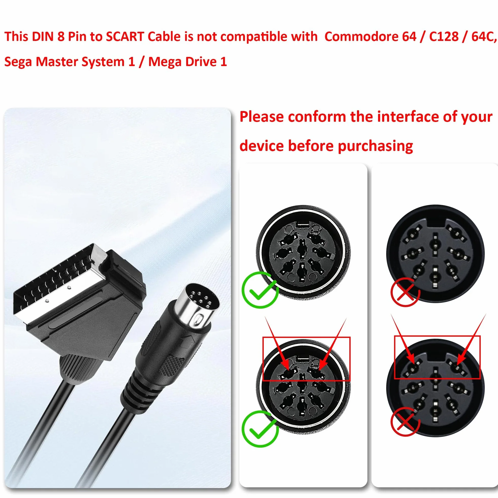 Câble conducteur DIN vers péritel 8 broches - Pour console de jeu - 21 broches - Fiche péritel RVB vers DIN 8 broches - Câble AV - Adaptateur audio vidéo - Pour console de jeu, TV, PC