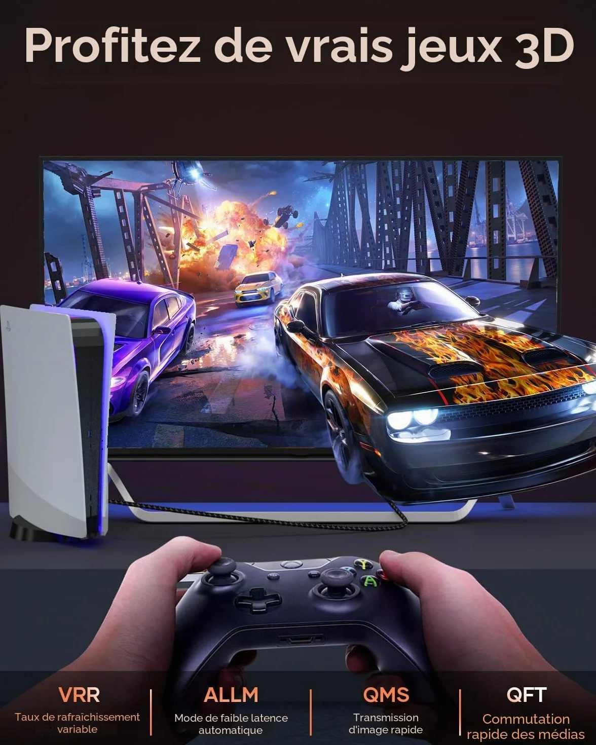 Câble HDMI 2.1 8K 5m 48Gbps 8K@60Hz 4K@144Hz eARC HDR10 HDCP 2.2 Dolby Atmos pour HDTV PS5