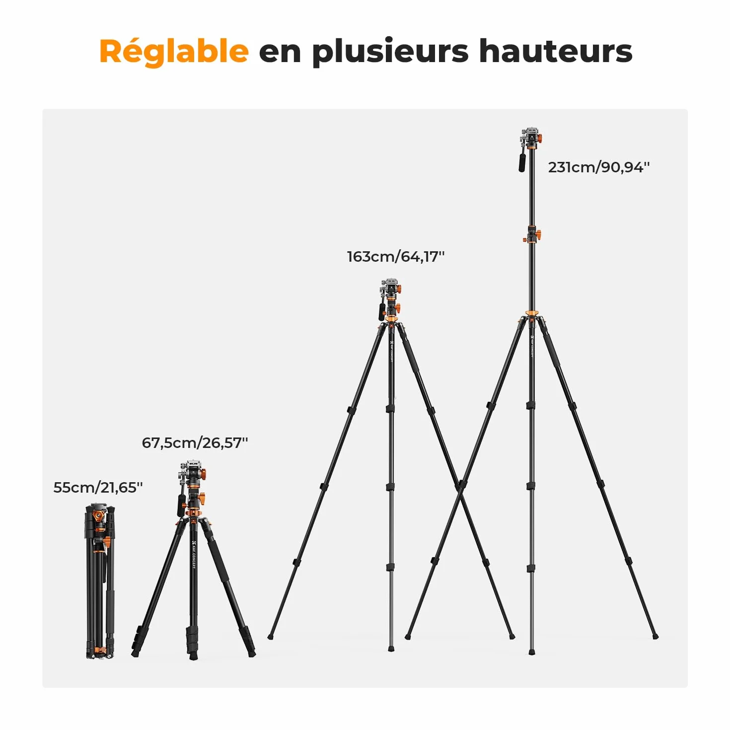 K&F CONCEPT Trépied Vidéo, 231cm Trépied Appareil Photo avec Tête Fluide Inclinaison à 90°/-90°, Horizontal à Colonne Centrale de Rotation à 360°, pour Caméra Vidéo,DSLR, Caméscope -T254A7