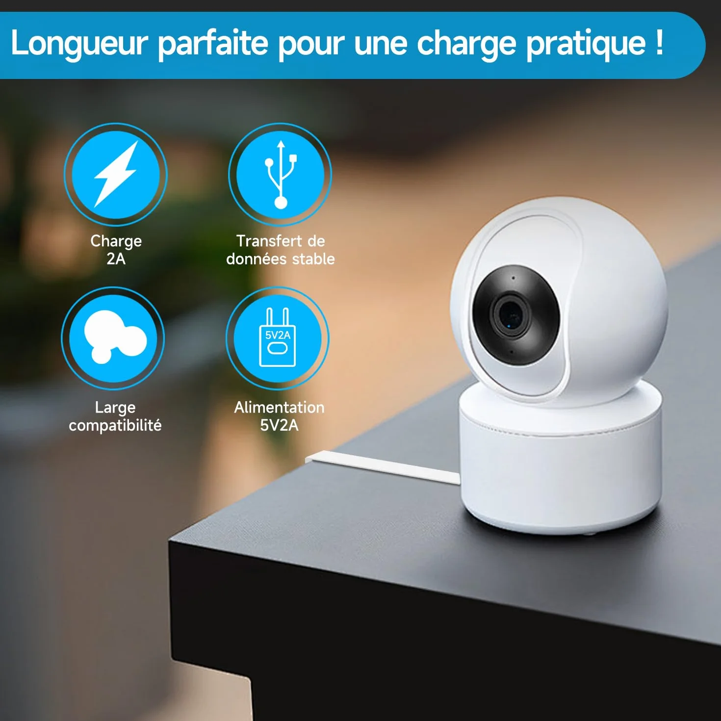 Câble d'extension d'alimentation plat de 5 m pour caméras de sécurité à domicile compatibles USB-C ou autres appareils (téléphone, manette Switch Pro, etc.), rallonge USB A vers type C pour