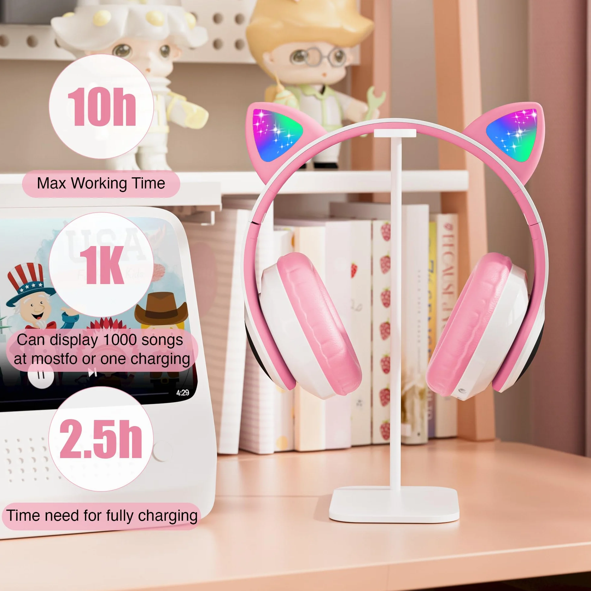 OHAANYY Casque Bluetooth pour Enfants sans Fil,Casque Cat Pliable avec LED Flash Lumières Glow, Enfants Bluetooth 5.0 avec Microphone et Contrôle du Volume, Carte Slot pour PC/Tablettes/TV (5)