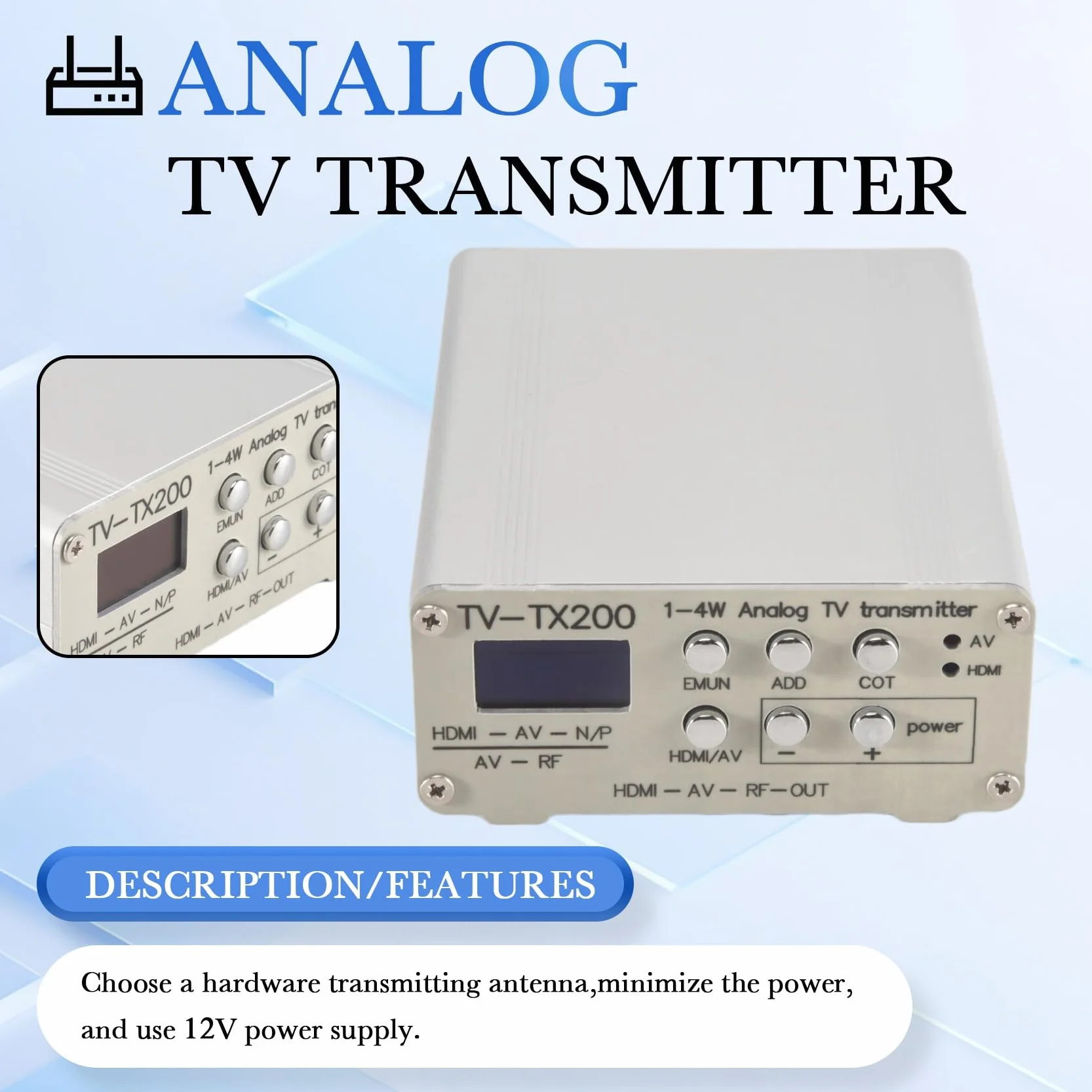JANZU TV-TX200 Transmetteur TV Analogique VHF/UHF HD/AV avec Antenne Télescopique Prise UE