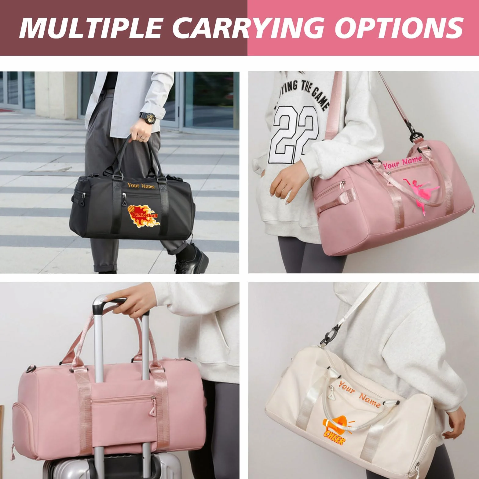 Sac de Sport Brodé Personnalisé avec Bretelles, Poches Humides et Sèches et Compartiment à Chaussures - Rose