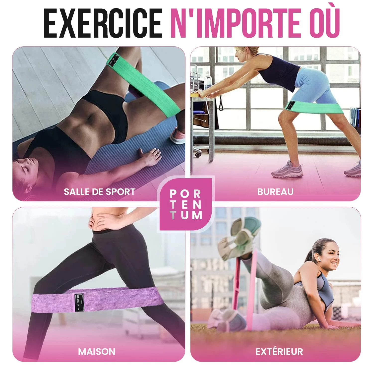 PORTENTUM Bandes Elastiques Fitness Tissu antidérapantes 3 Niveaux Résistance Crossfit Yoga Sac Rangement