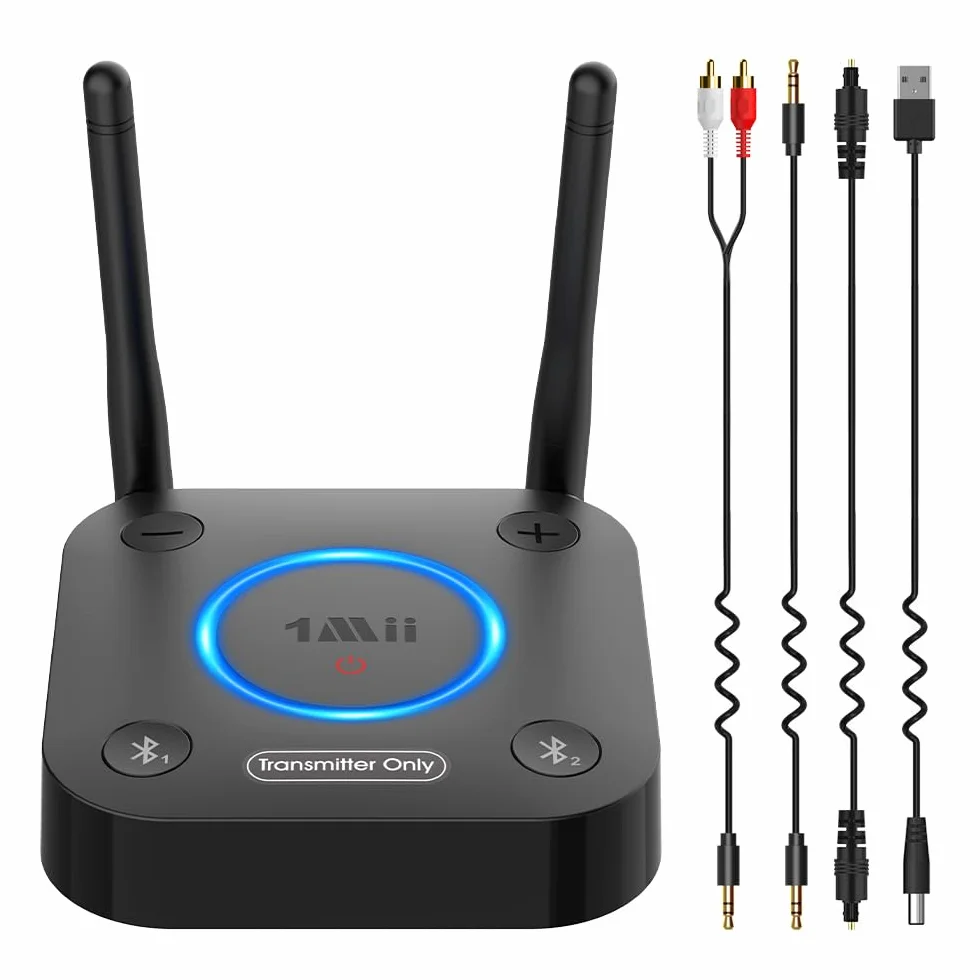 1Mii B06TX Émetteur Audio Bluetooth 5.3 pour TV, Transmetteur Adaptateur Bluetooth pour 2 Casques, aptX Faible Latence et HD, Longue Portée, Contrôle du Volume, AUX RCA Optique Coaxiale [Upgraded]