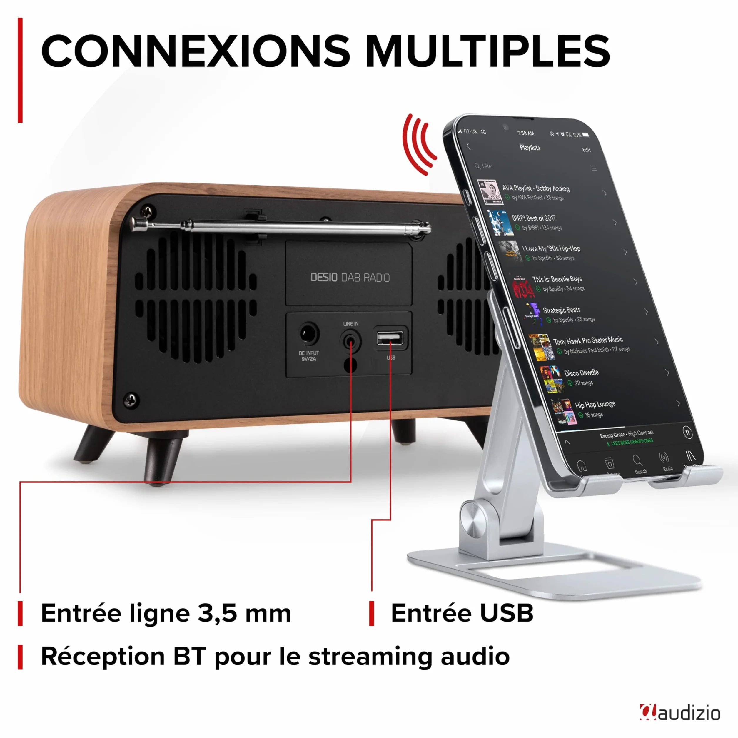 Audizio Desio Radio Dab/Dab+/FM avec BT 5.0, Écran Couleur 2,4", Port USB et Entrée AUX 3,5 mm, Design Rétro Couleur Chêne, Alarme et Minuterie, Idéale pour Salon, Cuisine ou Chambre