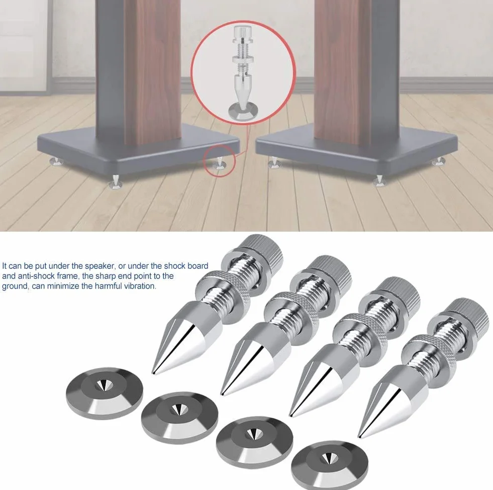Lot de 4 pieds isolants pour haut-parleur HiFi - En cuivre - pointes pour isolation Haut-parleur pied anti-choc pour haut-parleur Pieds - Aspect brillant - Anti-rayures - Anti-chocs - Argenté
