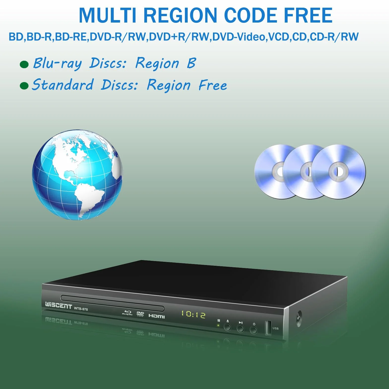 Lecteur Blu-Ray pour TV, Lecteur DVD WISCENT avec Sortie Coaxiale/HDMI/AV, entrée USB, Tous Les DVD etRégion B/2 Disques Blu-Ray, Compact Full HD, Lecteur Blu-Ray 1080p