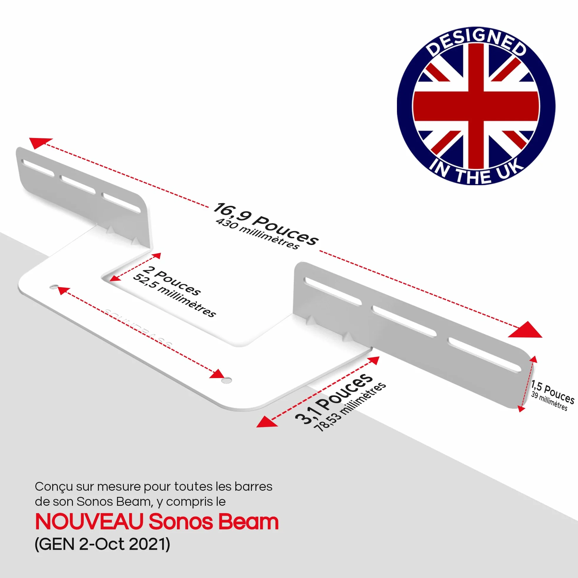 Sound bass Support de Barre de Son pour Sonos Beam Compatible avec la Barre de Son Sonos Beam générations 1 et 2 Comprenant Tout Le matériel de Montage nécessaire, Support de Montage, Blanc