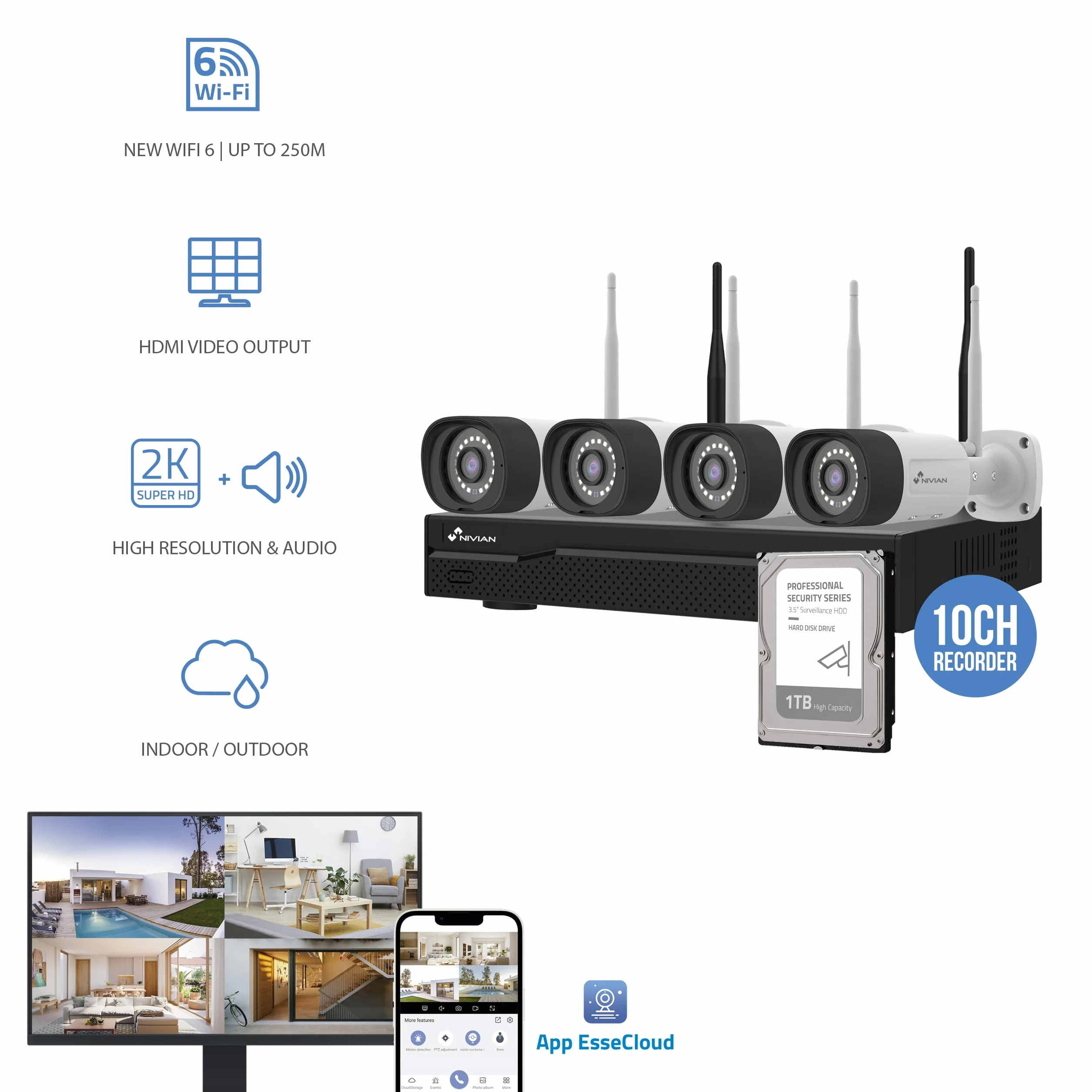 NIVIAN, Kit Caméras de Surveillance WiFi 2K Professionnel avec 4 Caméras IP, NVR 10 Canaux, Images Super HD, Détection Humaine IA, Vision Nocturne, Audio, HDMI, App EseeCloud, Enregistrement HDD