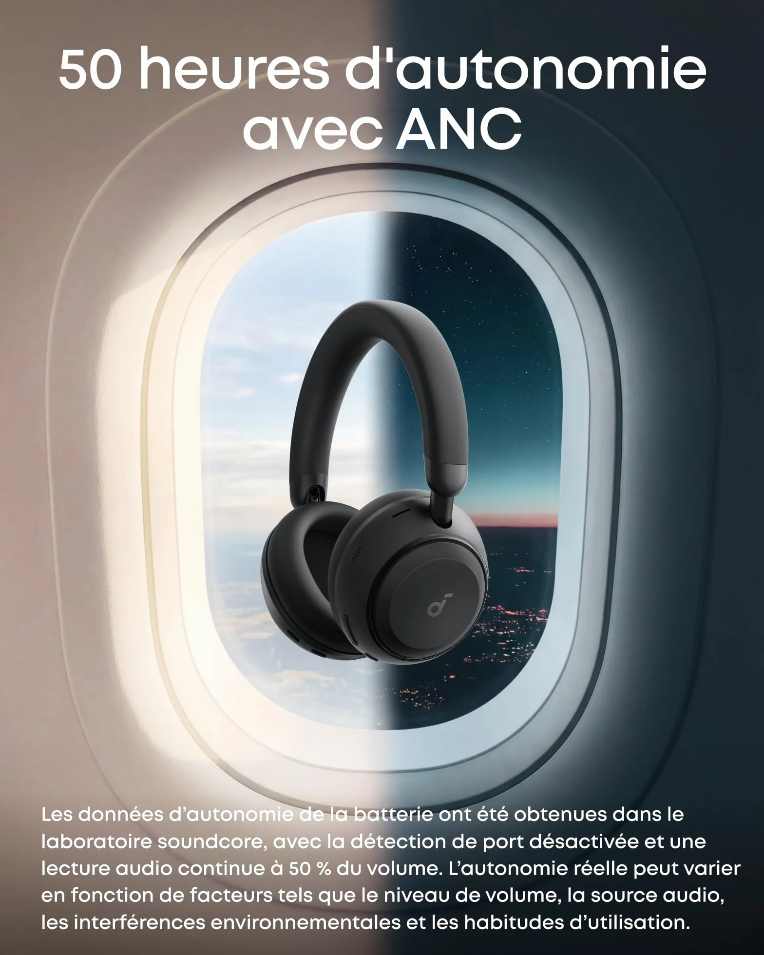 Soundcore Space 2 par Anker, Casque Bluetooth sans Fil, Casque à réduction de Bruit Active, Maintien Confortable, autonomie 50 h, Audio sans Fil LDAC Hi-Res, Double Connexion, Bluetooth 6.1