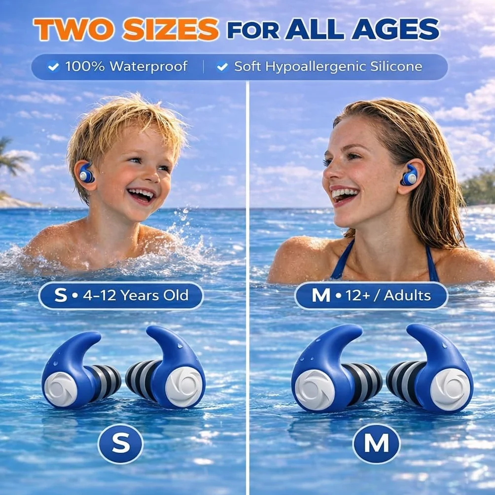 Bouchons d’Oreille Natation Enfant 4-12 Ans 3 Paires Silicone Étanche Cordon Amovible Réutilisables