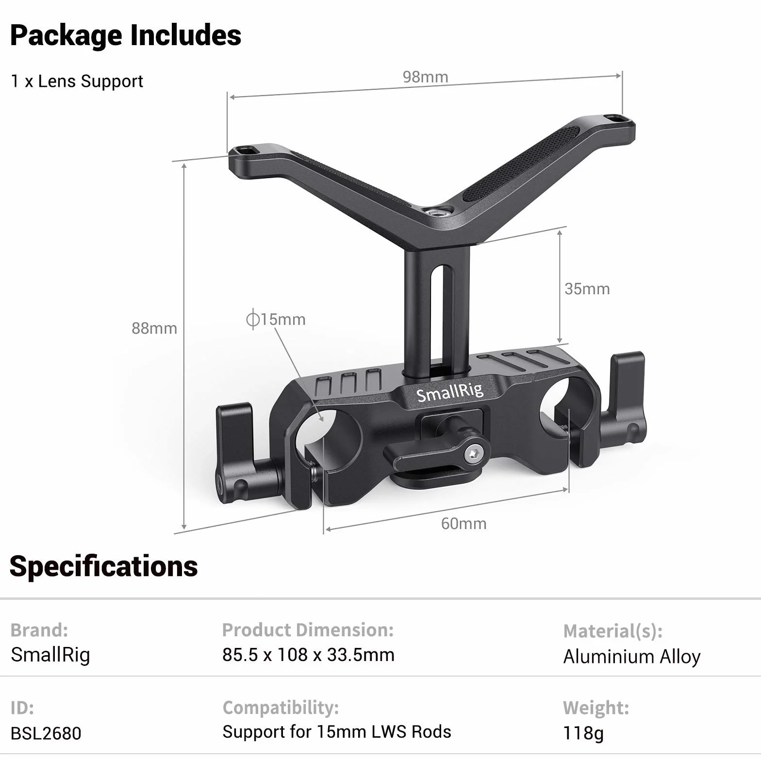 (Nouvelle Version) SMALLRIG Lens Support Bracket Objectif Support, Universel Soutien Objectif - 2680