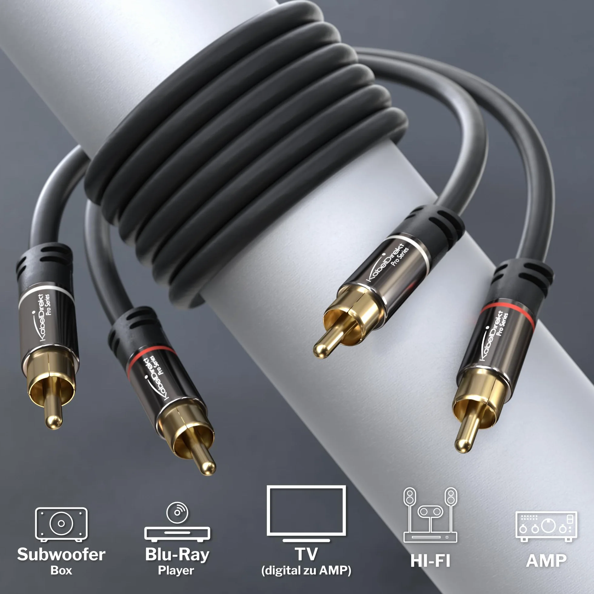 KabelDirekt – Câble RCA 0,5m, câble audio stéréo 2 x 2 Cinch particulièrement résistant et d'une qualité sonore brillante (coaxial RCA/HiFi & Home Cinéma, analogique et numérique)
