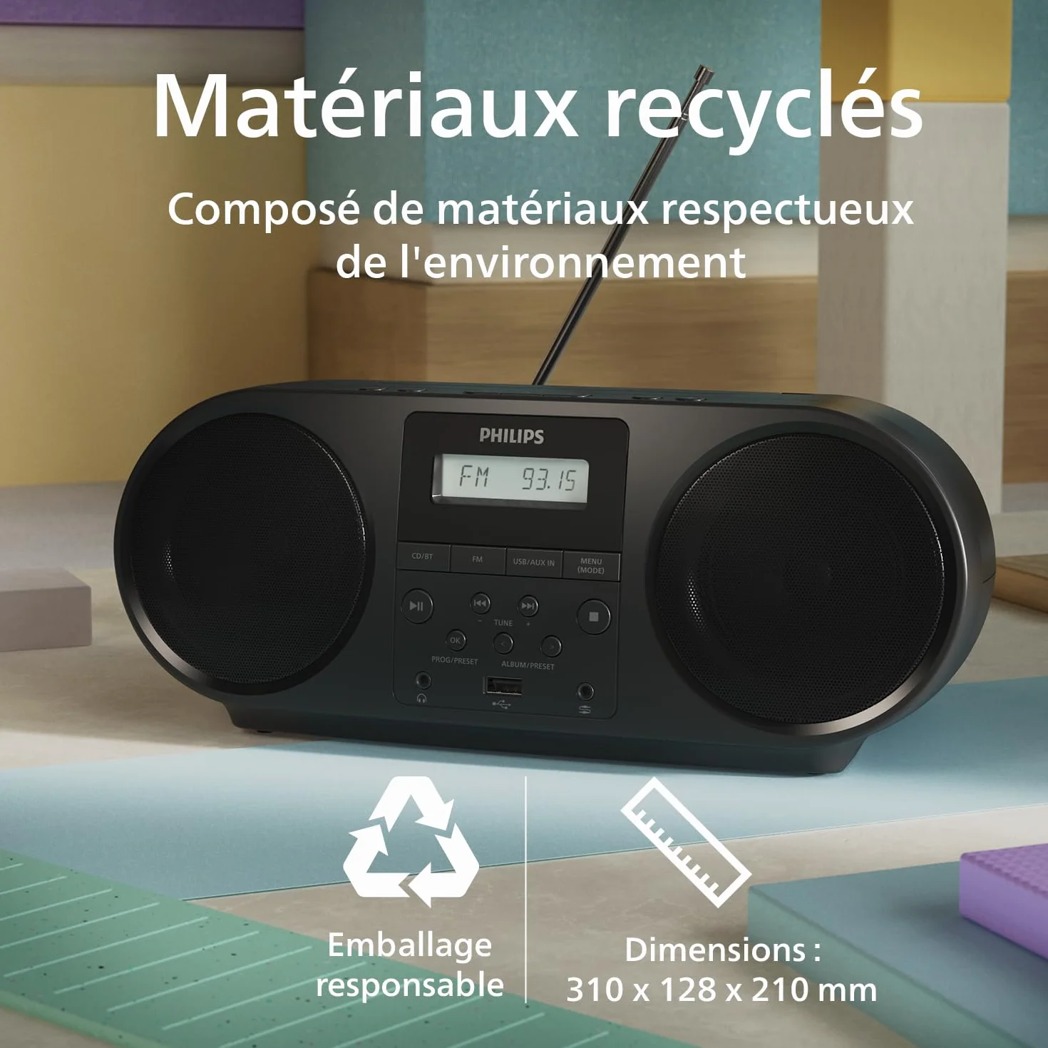 Philips TAZ5000 Lecteur CD Radio FM Bluetooth 5.4 USB Batterie Alimentation CA Amplification Dynamique des Basses Prise Casque 3,5 mm
