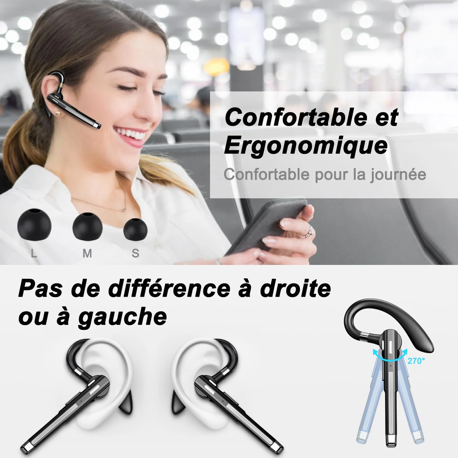 Oreillette Bluetooth sans Fil Kit Main Libre Avec double microphone pour l'annulation du bruit 64 Heures de Conversation en HD boîtier chargement LED CVC8.0 iPhone/Android