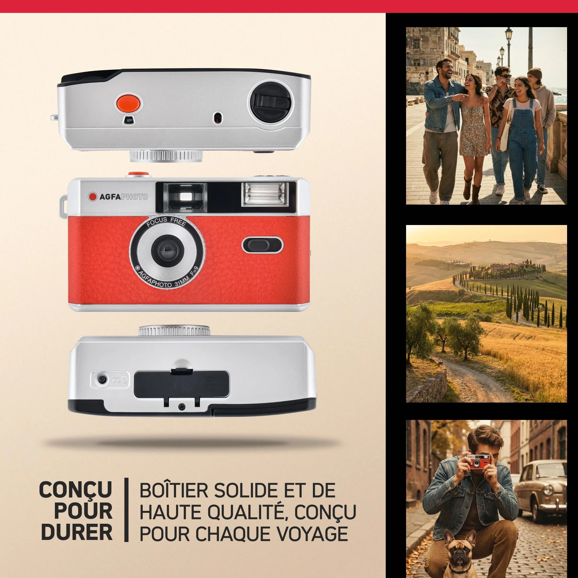 AGFAPHOTO - Appareil Photo Argentique 35mm – Objectif 31 mm F9, Flash Intégré, Mise au Point Fixe, Compatible Pellicules ISO 200/400/800 – Étui et Dragonne Inclus - Beige