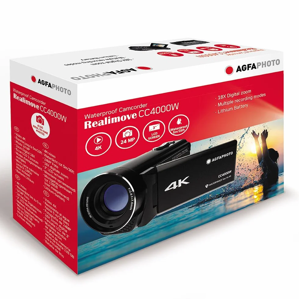 AgfaPhoto Realimove CC4000W Caméscope Étanche 4K Écran Tactile 3'' Zoom Numérique 18x Vidéo 2.7K Photo 24MP Noir