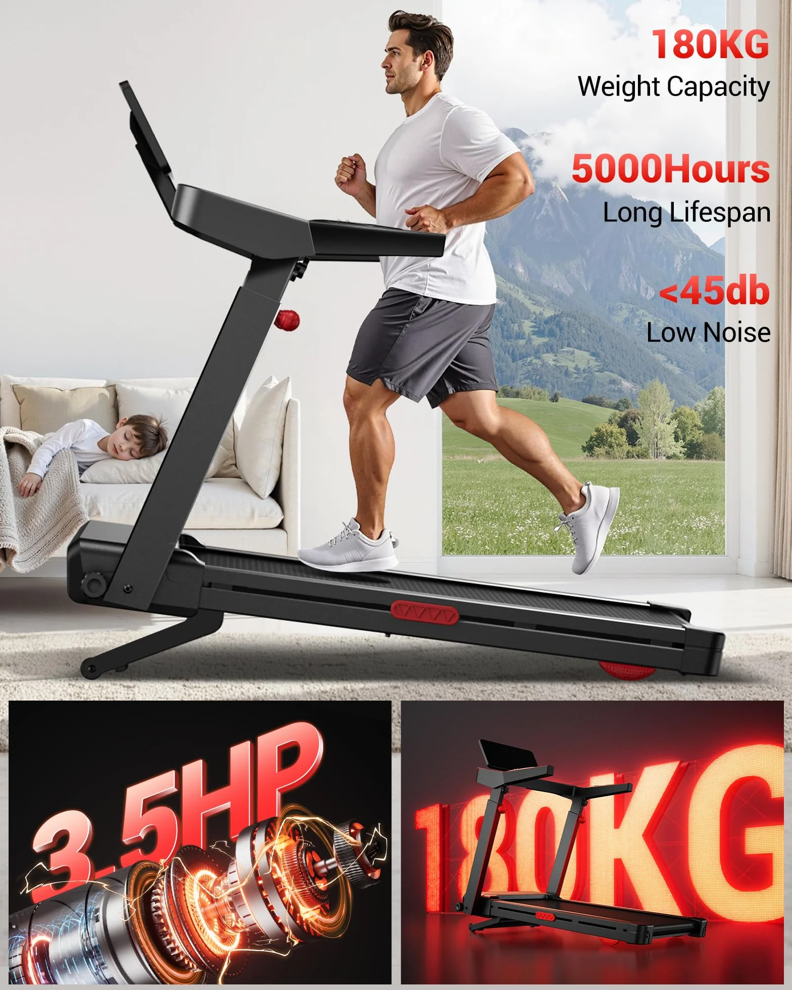 LONTEK Tapis Roulant Pliable 14KM/H Inclinaison Automatique 20% Moteur 3,5CV Charge Max 180KG