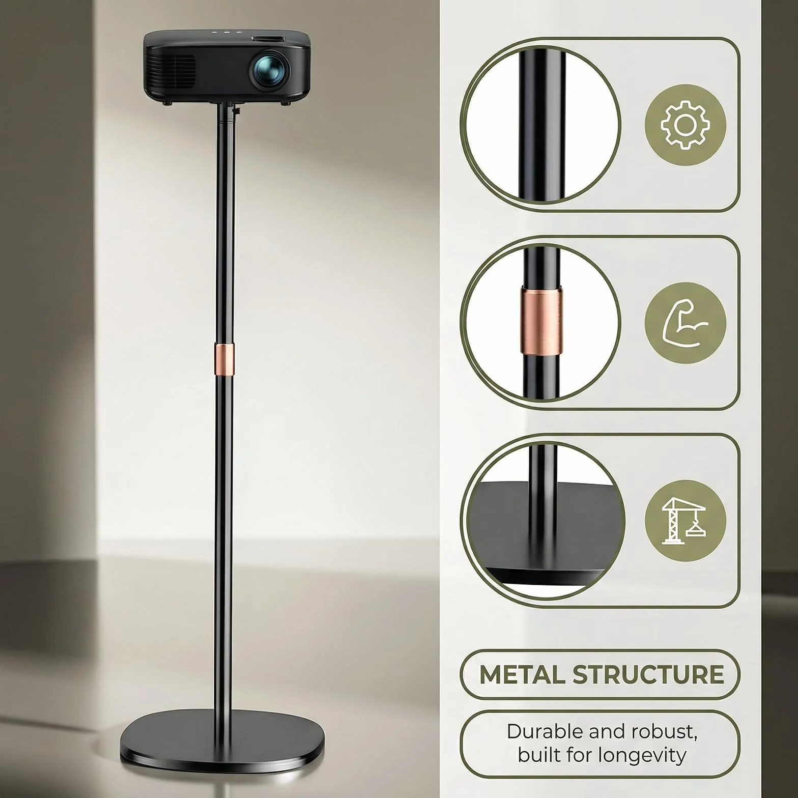 Support Vidéoprojecteur Rotatif 360° Hauteur Réglable 128-164 cm Base Robuste Home Cinéma