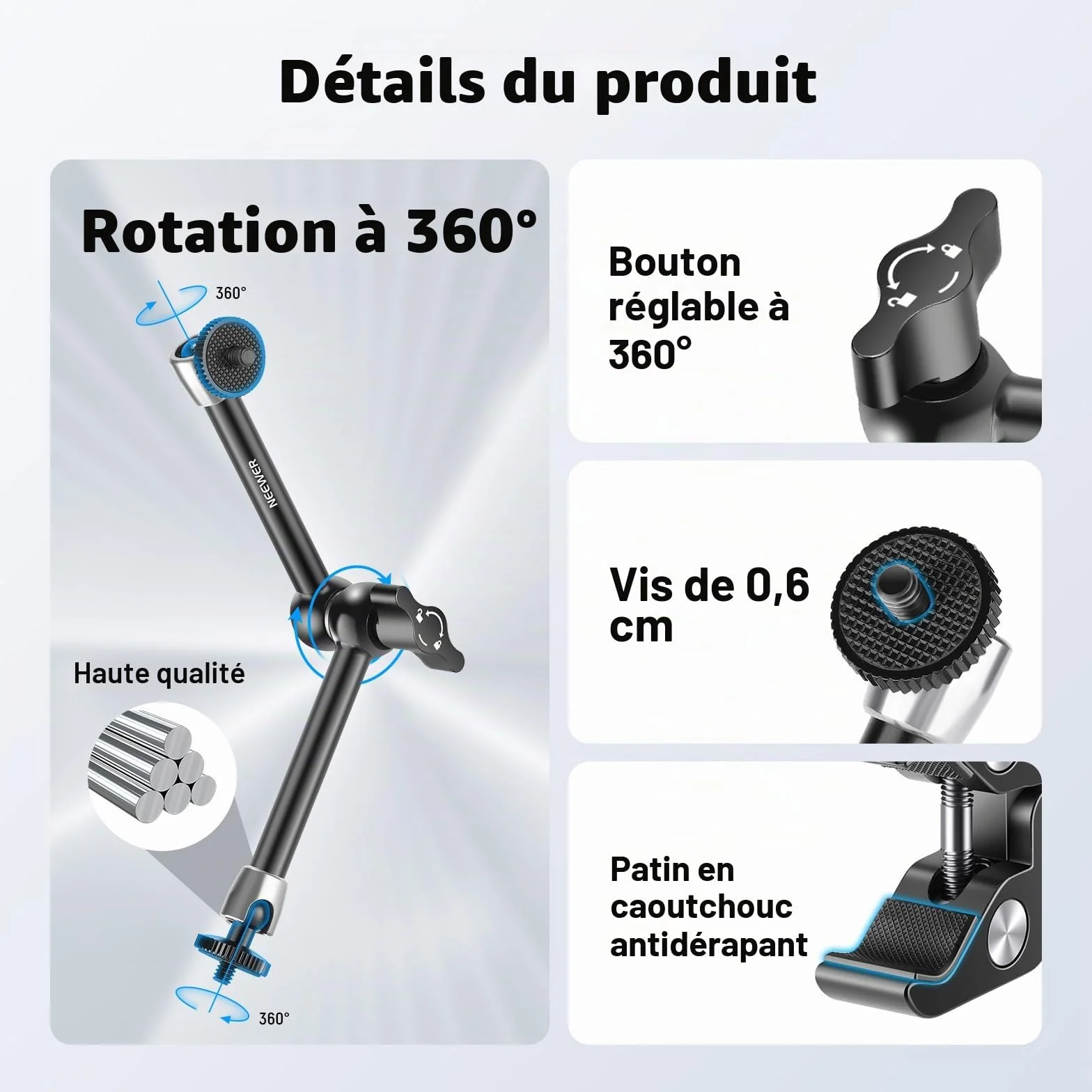 NEEWER Bras Magique Réglable 25cm/9,8" avec Super Pince, Filetages 1/4" & 3/8", Vis 1/4" pour Flash/Éclairage LED/Micro/Moniteur, Compatible avec SmallRig, Charge Maximale: 2kg, ST25C